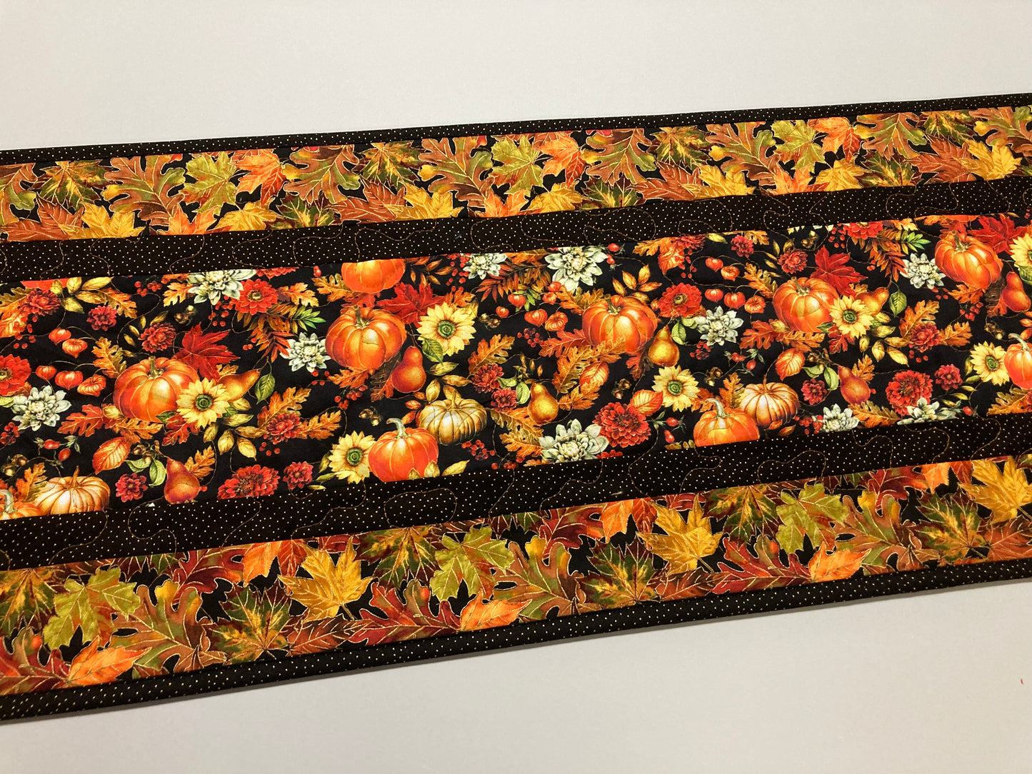 Pumpkins and Flowers Dining Table Runner, Fall Autumn Leaves Quilted Handmade, Reversible Sunflowers Summer Decor, 13x48" Thanksgiving