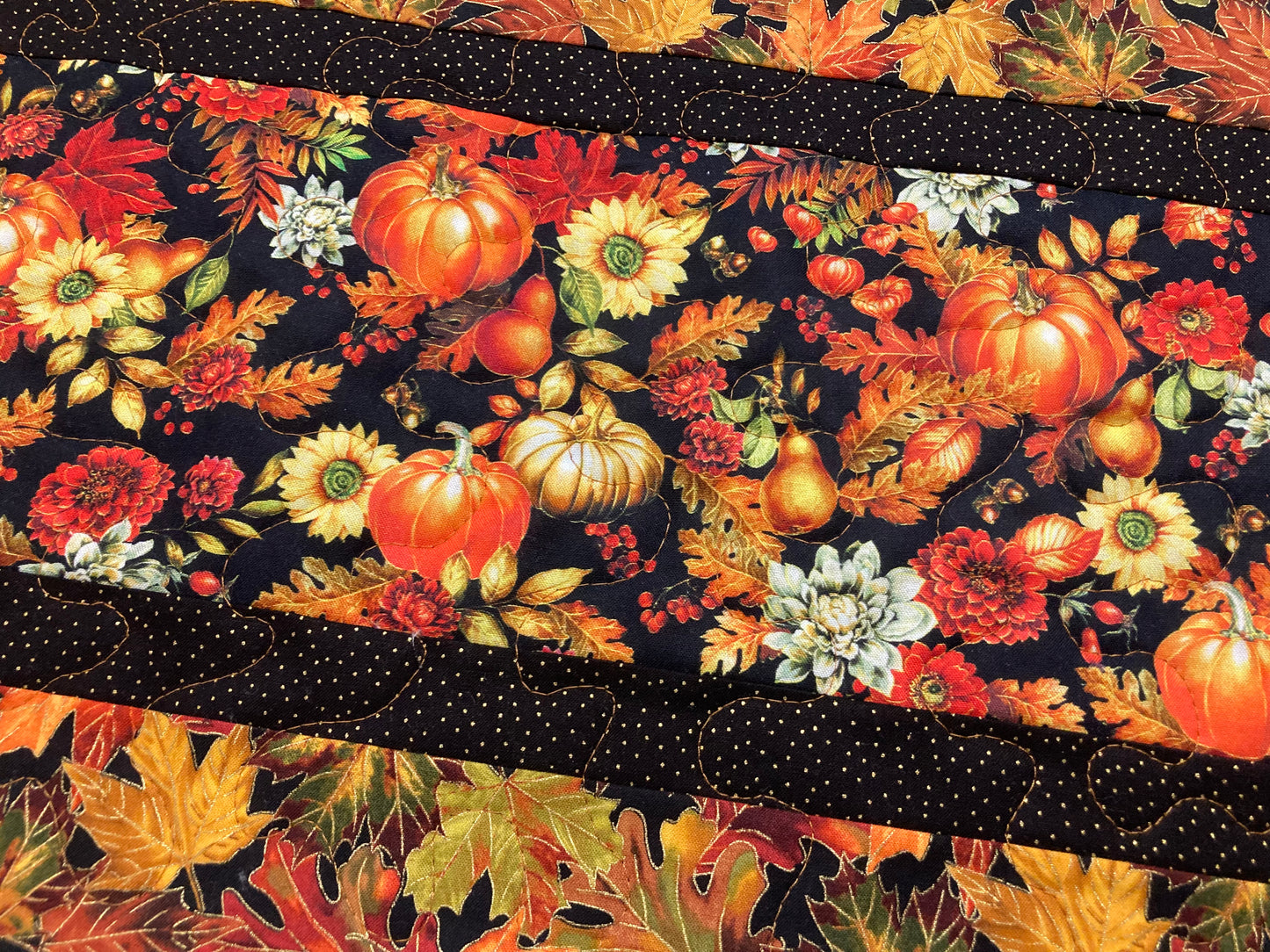 Pumpkins and Flowers Dining Table Runner, Fall Autumn Leaves Quilted Handmade, Reversible Sunflowers Summer Decor, 13x48" Thanksgiving
