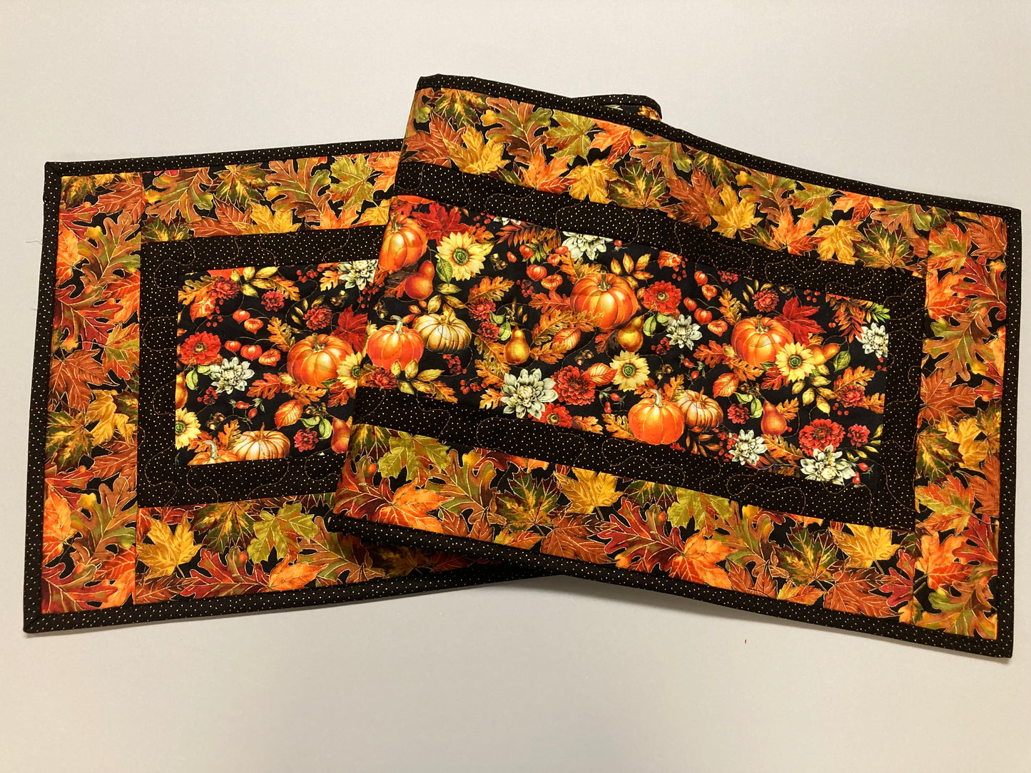 Pumpkins and Flowers Dining Table Runner, Fall Autumn Leaves Quilted Handmade, Reversible Sunflowers Summer Decor, 13x48" Thanksgiving