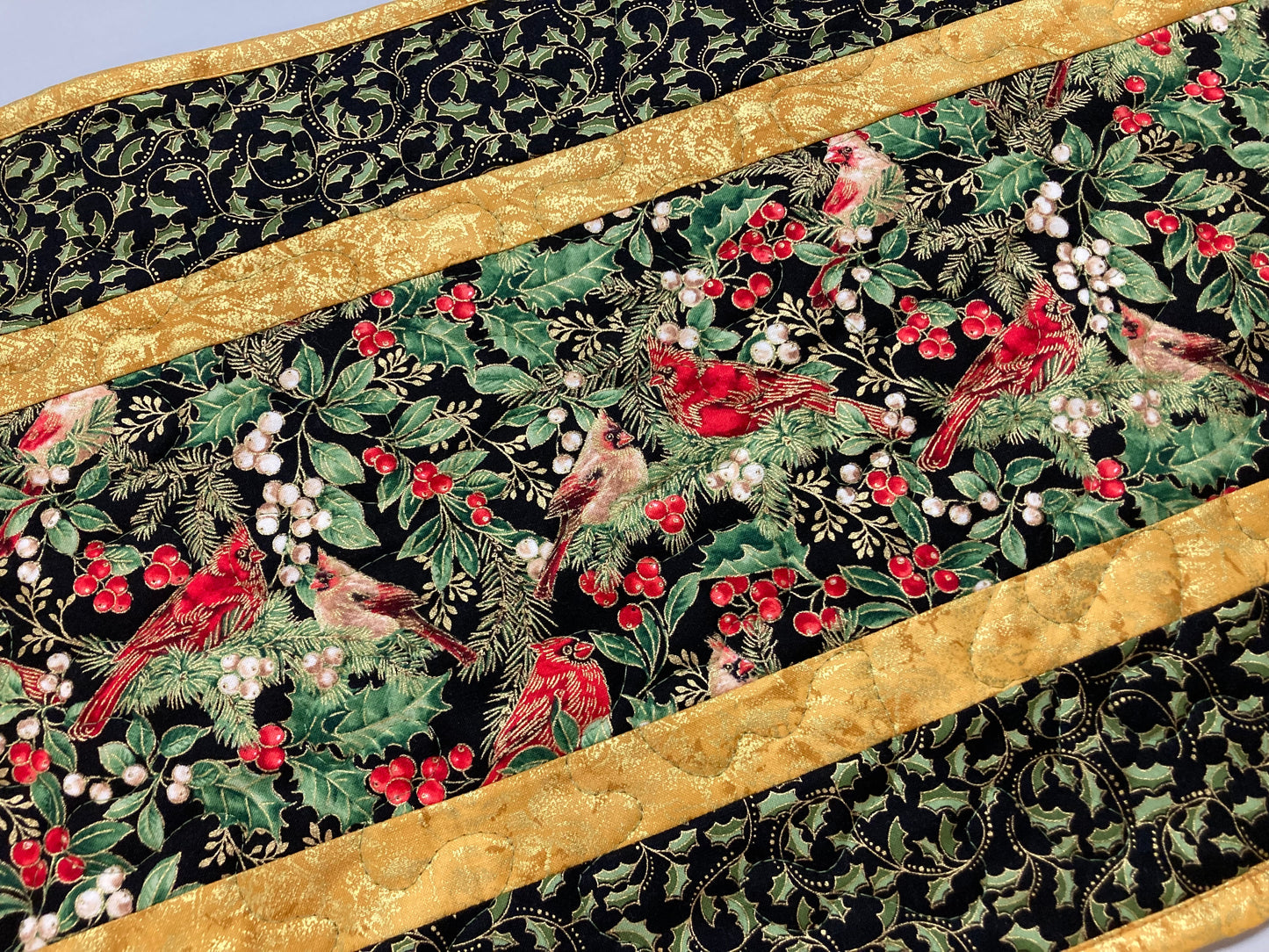 Christmas Red Cardinals Chickadees Birds 13x48" Quilted Dining Table Runner, Reversible Fall, Winter Holiday Coffee Table Holly Berry Decor