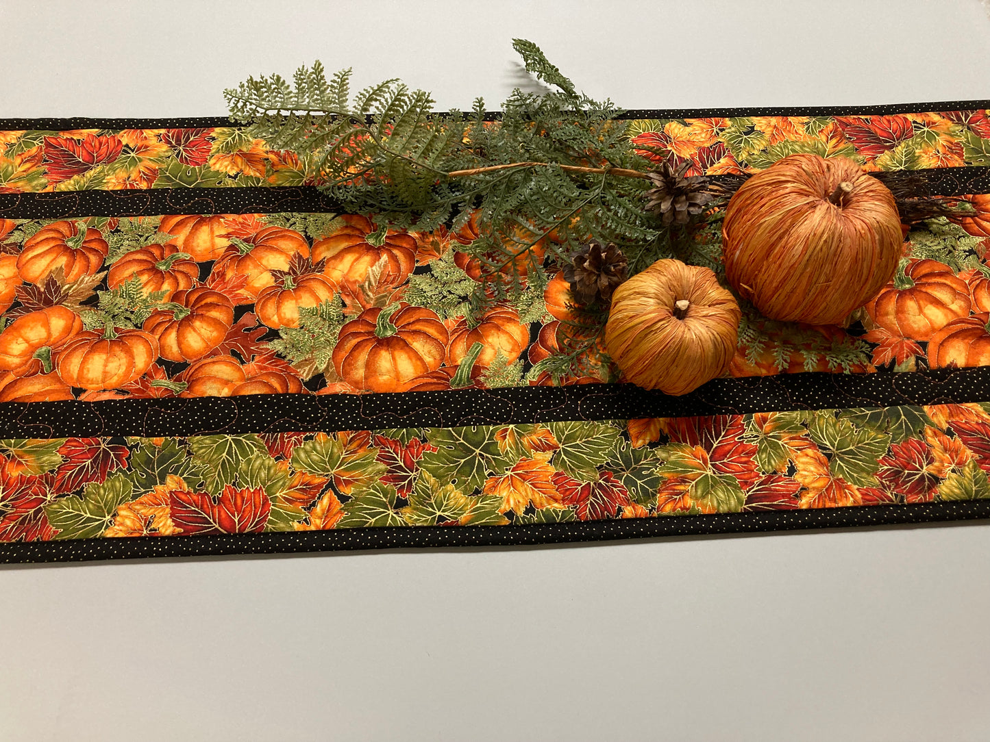 Pumpkins Dining Table Runner, Fall Autumn Leaves Quilted Handmade, Orange Green Gold Fall Table Decor, 13x48" Thanksgiving Holiday Winter