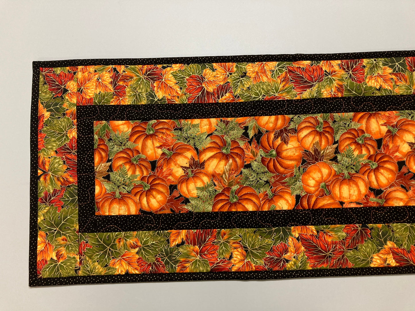 Pumpkins Dining Table Runner, Fall Autumn Leaves Quilted Handmade, Orange Green Gold Fall Table Decor, 13x48" Thanksgiving Holiday Winter