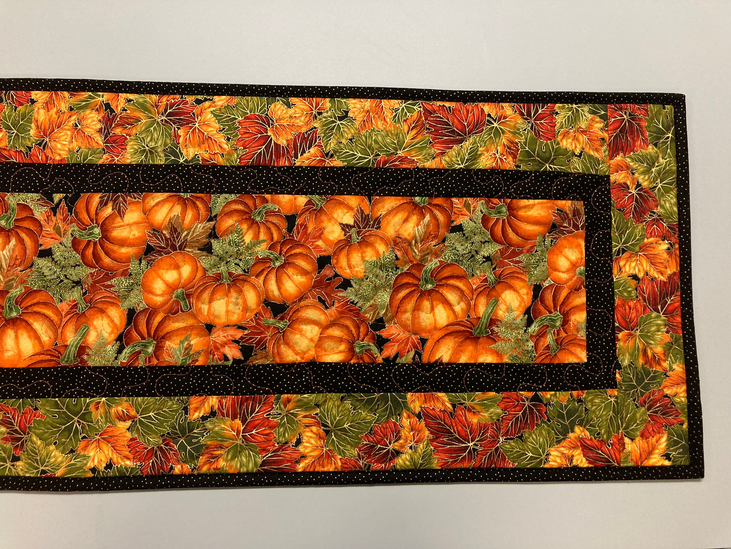 Pumpkins Dining Table Runner, Fall Autumn Leaves Quilted Handmade, Orange Green Gold Fall Table Decor, 13x48" Thanksgiving Holiday Winter