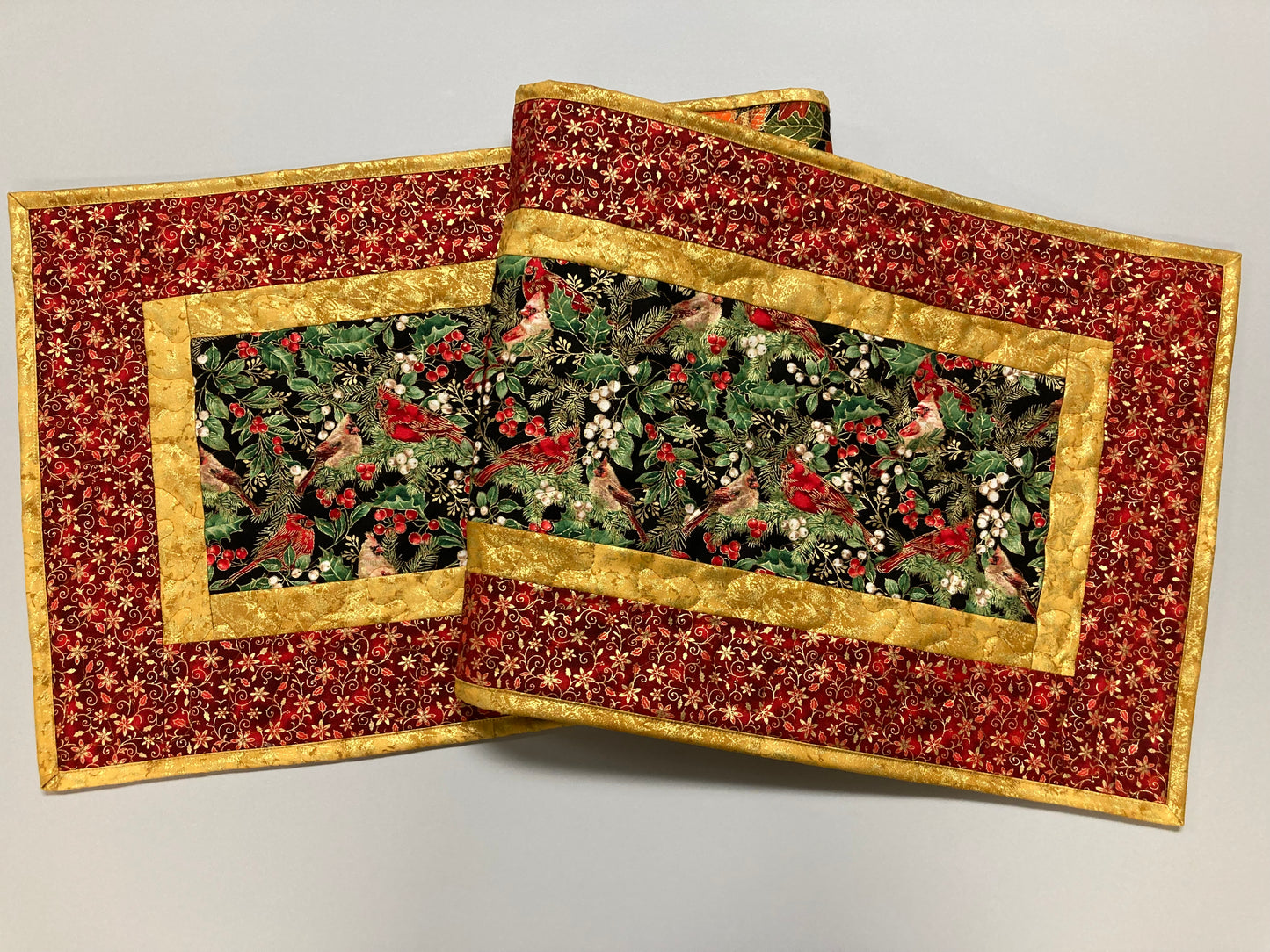 Christmas Red Cardinals 13x48" Quilted Dining Table Runner, Reversible Fall, Winter Holiday Coffee Table, Dresser Scarf, Bird Tree