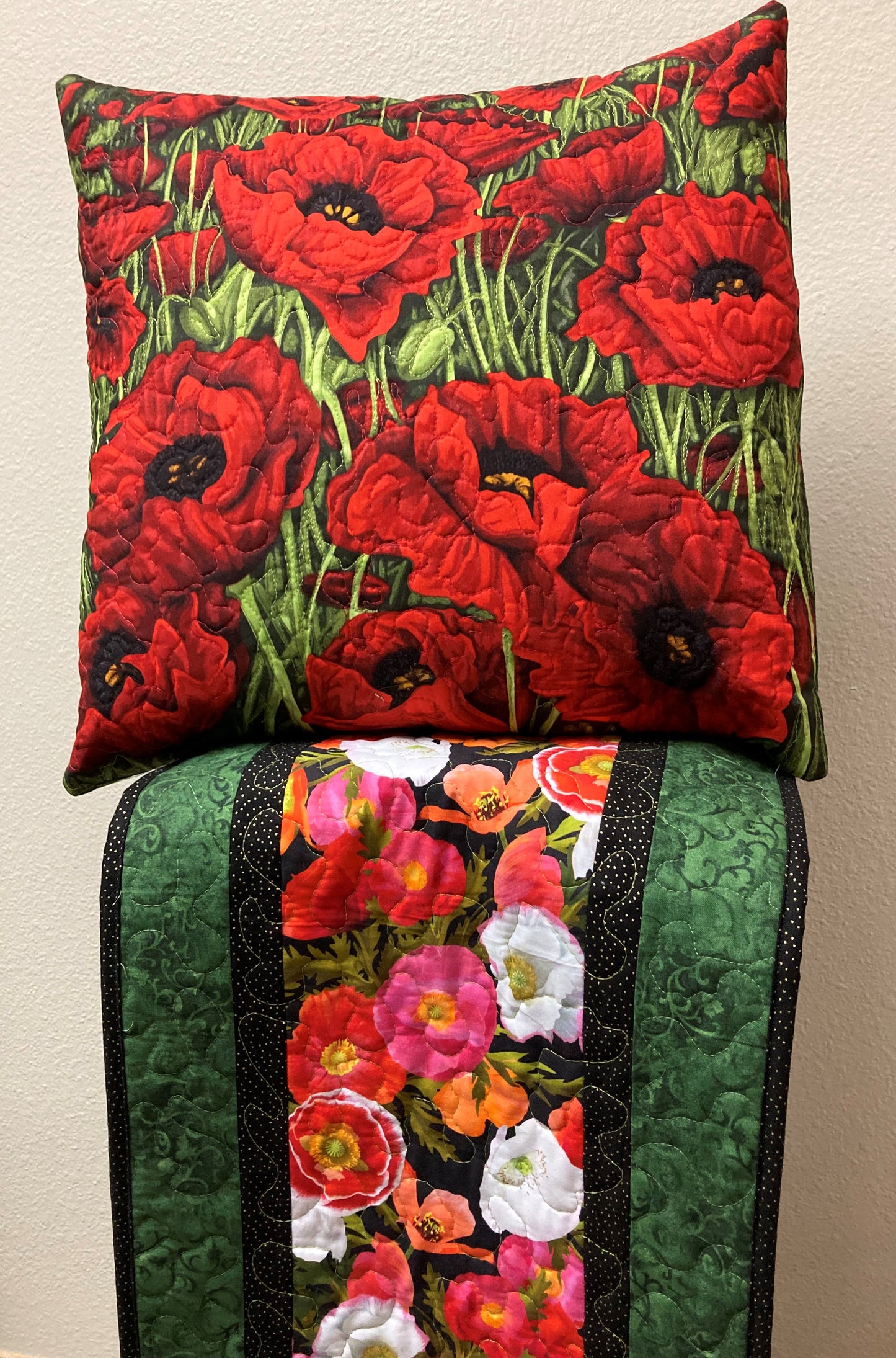 Red Poppy Quilted Fabric Art Pillow, Textile 18x18", Sofa Chair Bedroom Living Room Couch Designer Chic Red Bright Poppies Toss Throw Pillow