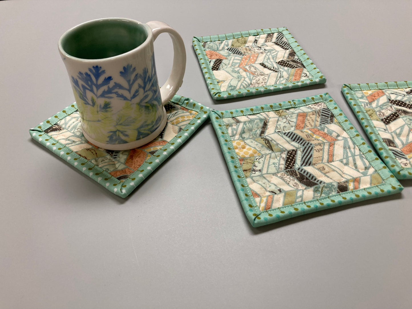 Fabric Coasters Drink Mats, 5x5" Pastel Chevron Boho Peach Mint Green, Hot Cold Coffee Tea, Minimalist Teacher Stocking Hostess Gift Large