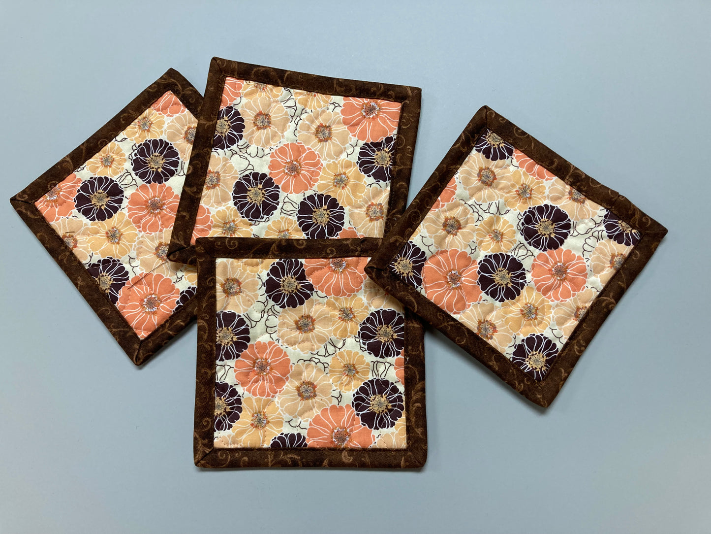 Fabric Coasters Drink Mats 5x5" Peach Brown Retro Flowers, Hot Cold Coffee Tea, Teacher Stocking Hostess Gift Handmade Quilted Snack Mug Rug