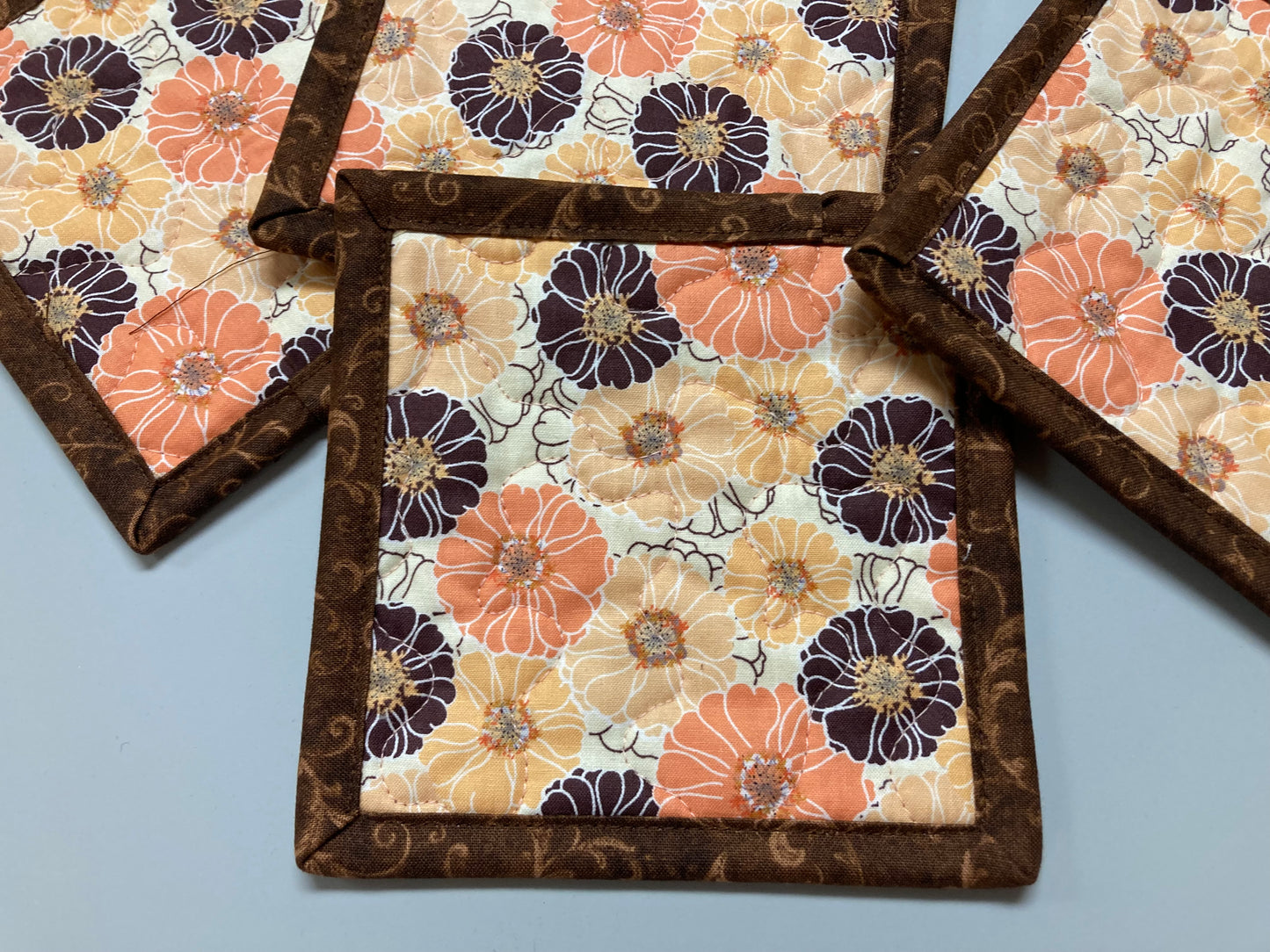 Fabric Coasters Drink Mats 5x5" Peach Brown Retro Flowers, Hot Cold Coffee Tea, Teacher Stocking Hostess Gift Handmade Quilted Snack Mug Rug