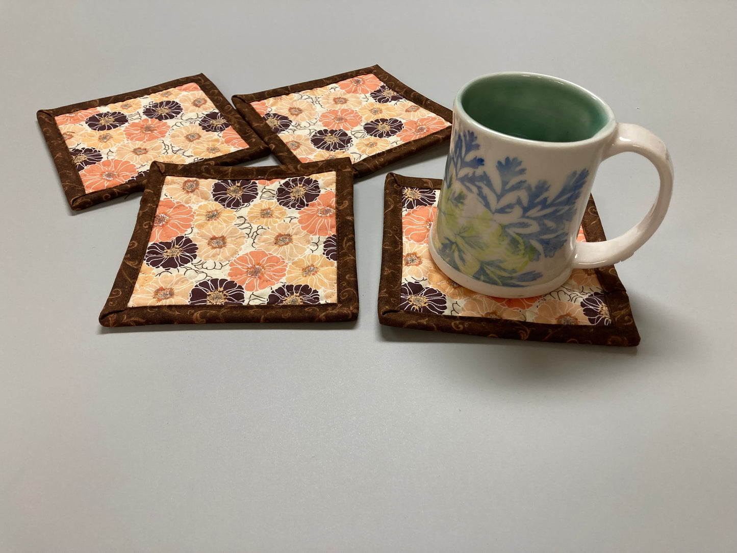 Fabric Coasters Drink Mats 5x5" Peach Brown Retro Flowers, Hot Cold Coffee Tea, Teacher Stocking Hostess Gift Handmade Quilted Snack Mug Rug