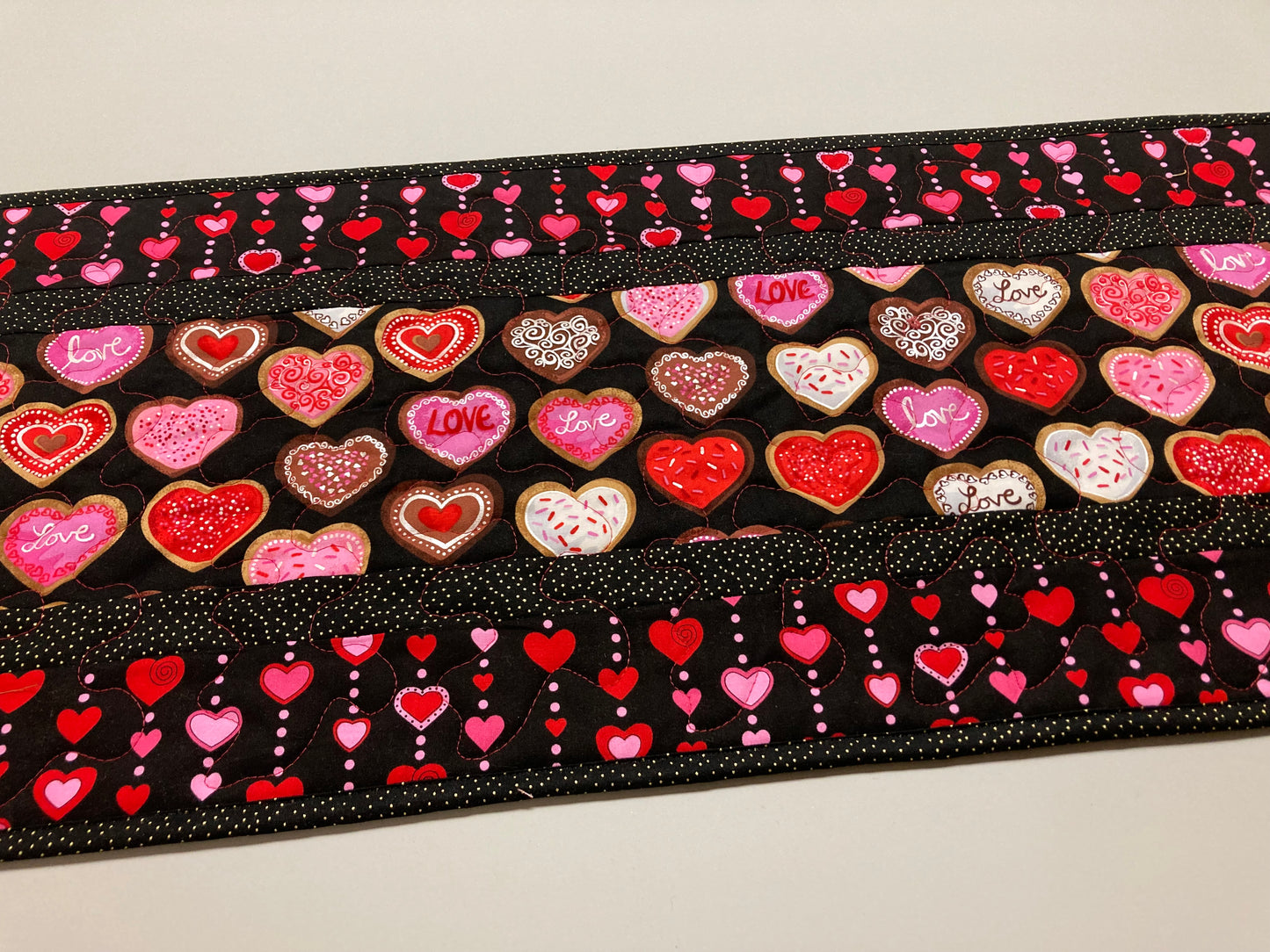 Pink Red Valentine's Day Candy Dining Table Runner, Hearts Quilted, Reversible St Patrick's Spring, Coffee Table Heart Decor 13x48" Handmade