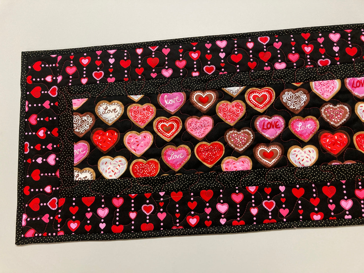 Pink Red Valentine's Day Candy Dining Table Runner, Hearts Quilted, Reversible St Patrick's Spring, Coffee Table Heart Decor 13x48" Handmade