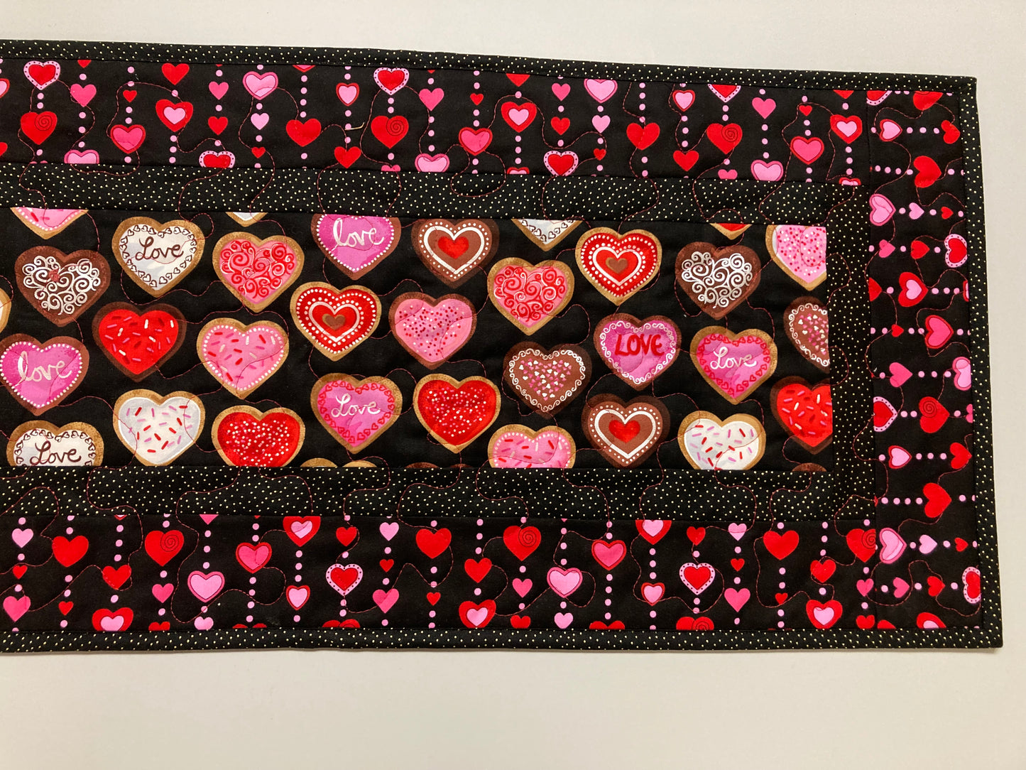 Pink Red Valentine's Day Candy Dining Table Runner, Hearts Quilted, Reversible St Patrick's Spring, Coffee Table Heart Decor 13x48" Handmade