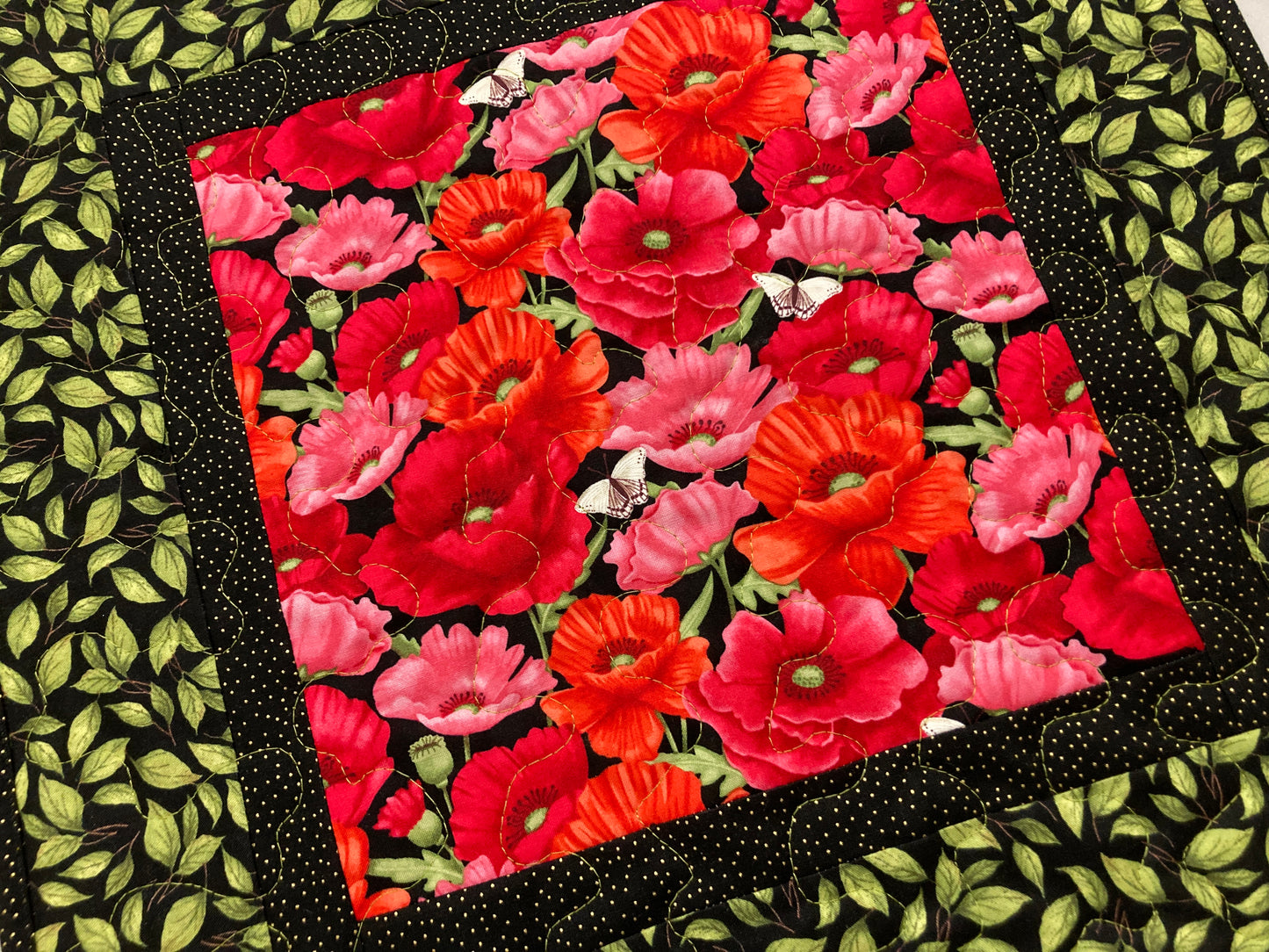 Red Poppies Green Leaves Garden Quilted Table Topper, Pink Butterflies Flowers, 18x18", Reversible Coffee Dining Table, Summer Handmade