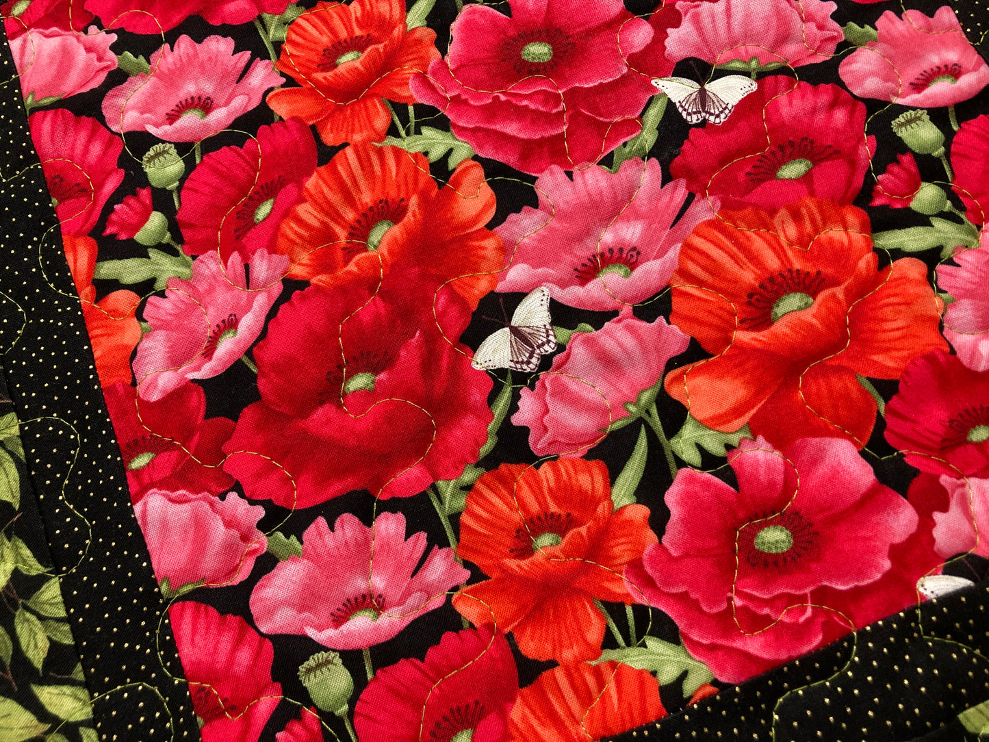 Red Poppies Green Leaves Garden Quilted Table Topper, Pink Butterflies Flowers, 18x18", Reversible Coffee Dining Table, Summer Handmade
