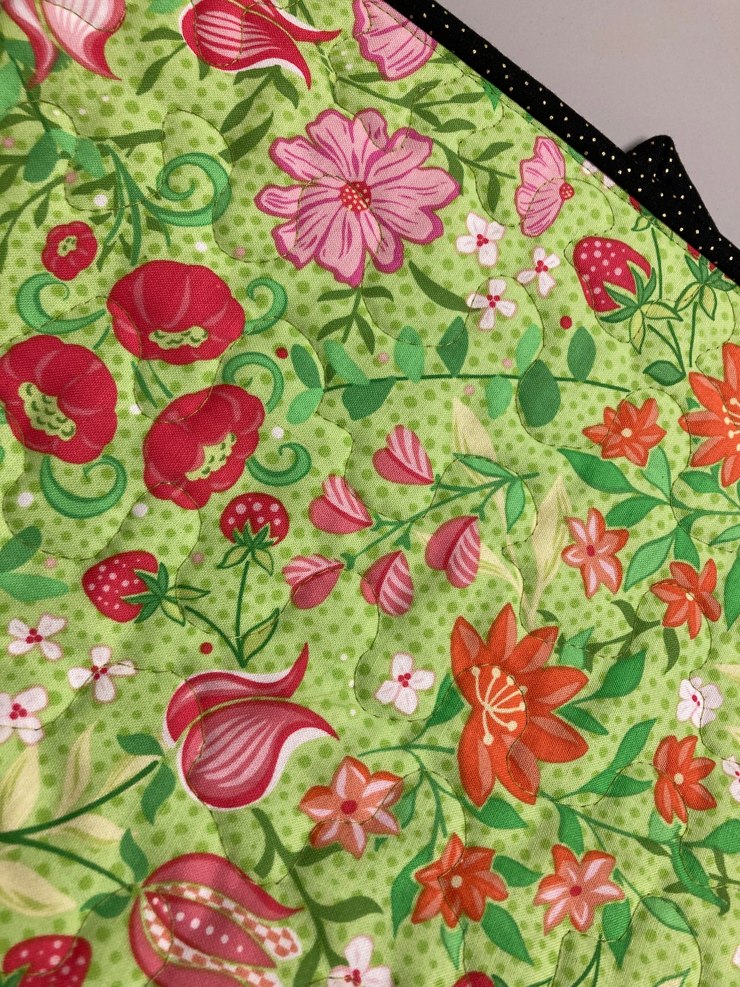 Red Poppies Green Leaves Garden Quilted Table Topper, Pink Butterflies Flowers, 18x18", Reversible Coffee Dining Table, Summer Handmade