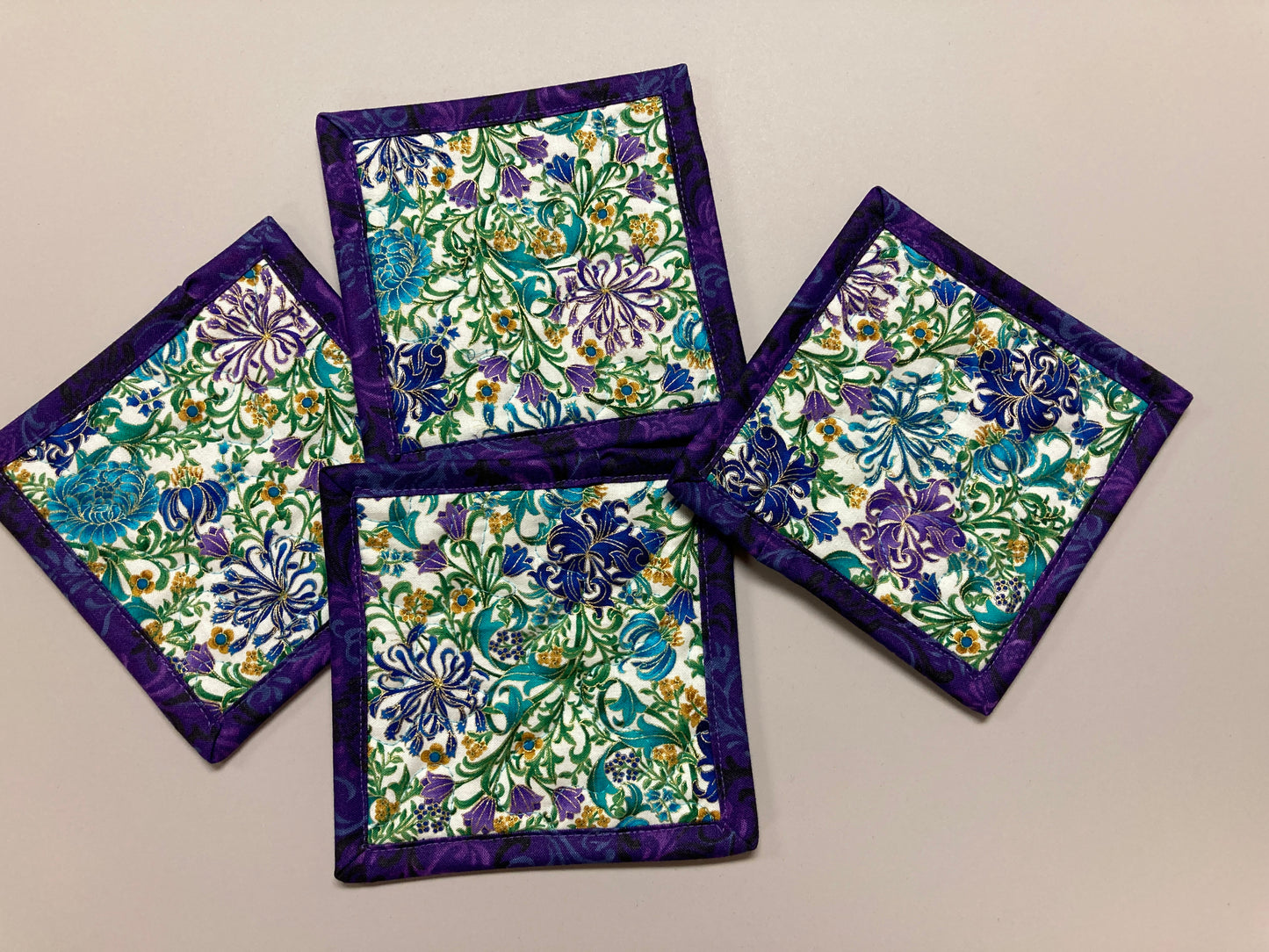 Fabric Coasters for Drinks, Blue Purple Gold Filigree Flowers, Quilted 5x5" Hot Cold Coffee Tea, Snack Mats Mug Rugs, Bright Hostess Gift