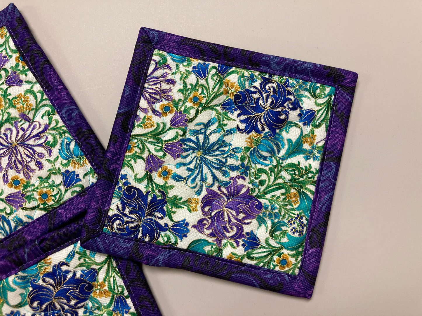 Fabric Coasters for Drinks, Blue Purple Gold Filigree Flowers, Quilted 5x5" Hot Cold Coffee Tea, Snack Mats Mug Rugs, Bright Hostess Gift