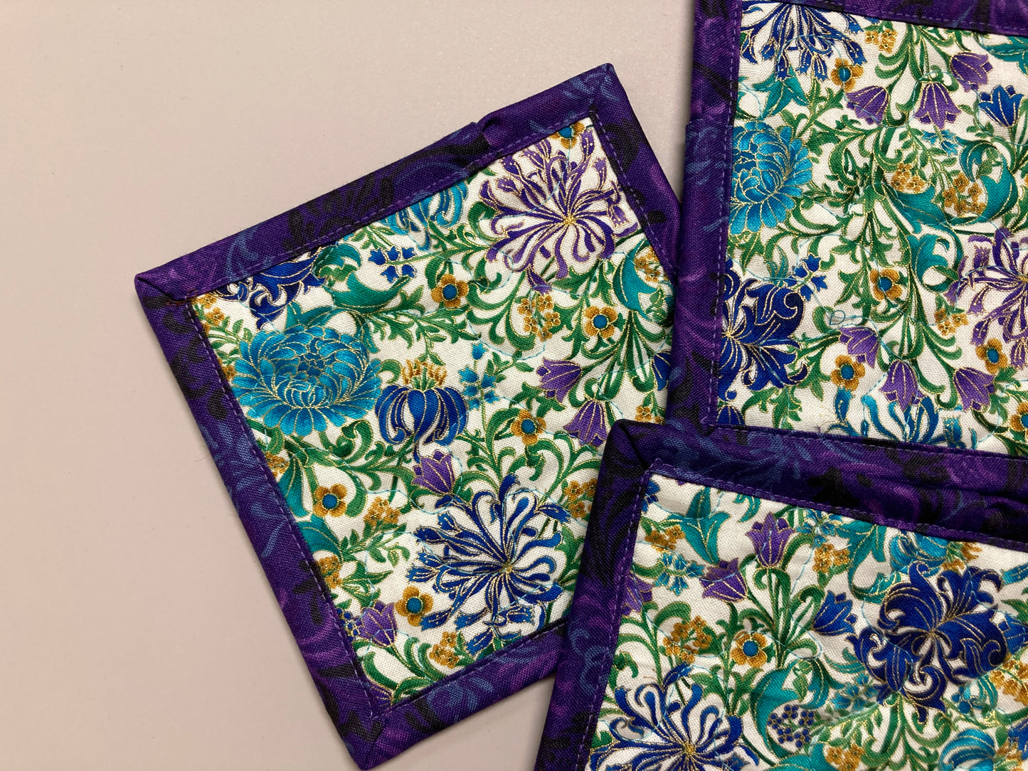 Fabric Coasters for Drinks, Blue Purple Gold Filigree Flowers, Quilted 5x5" Hot Cold Coffee Tea, Snack Mats Mug Rugs, Bright Hostess Gift