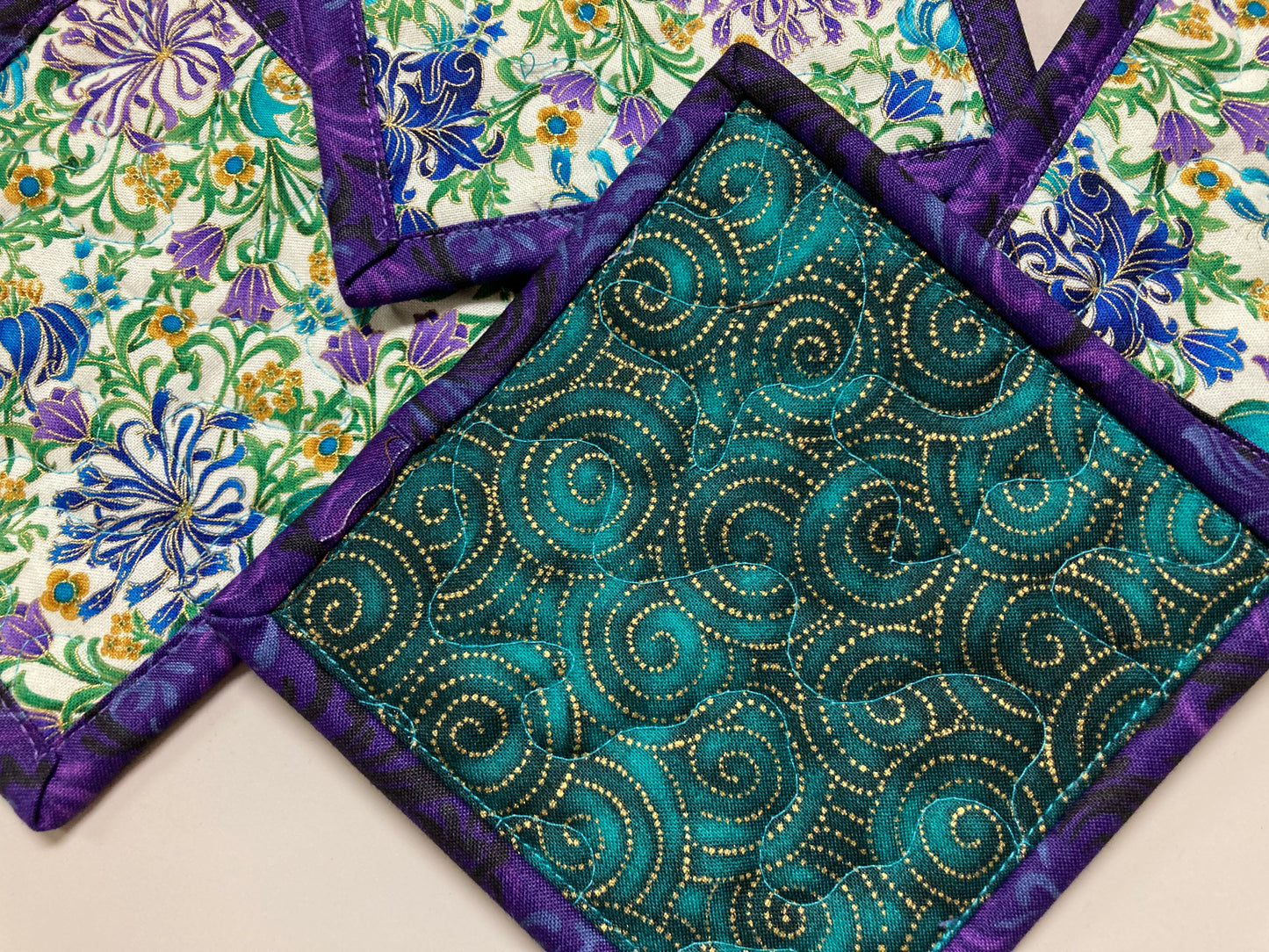 Fabric Coasters for Drinks, Blue Purple Gold Filigree Flowers, Quilted 5x5" Hot Cold Coffee Tea, Snack Mats Mug Rugs, Bright Hostess Gift