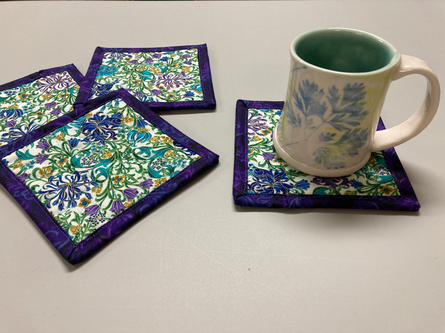 Fabric Coasters for Drinks, Blue Purple Gold Filigree Flowers, Quilted 5x5" Hot Cold Coffee Tea, Snack Mats Mug Rugs, Bright Hostess Gift