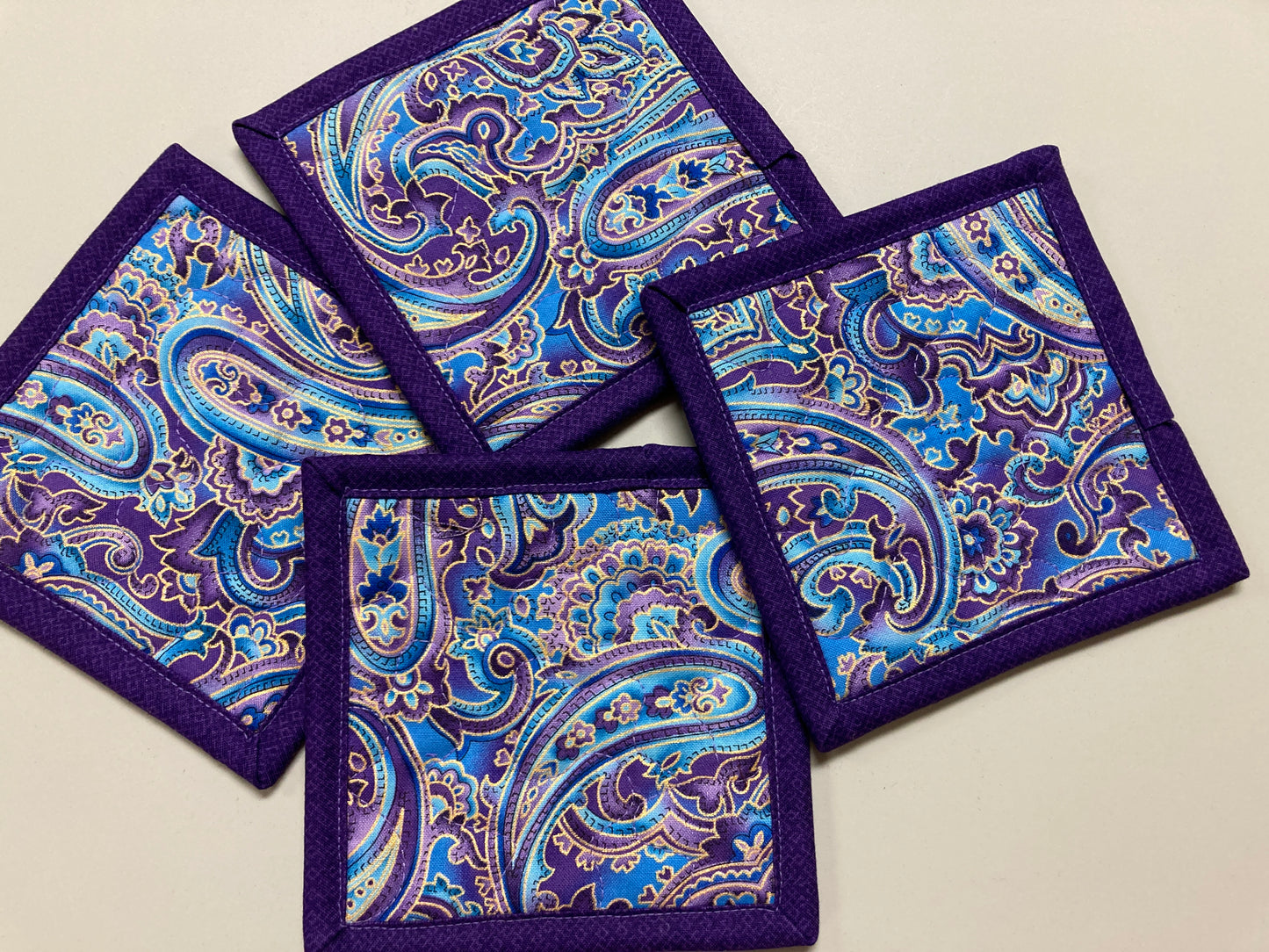 Fabric Coasters for Drinks, Purple Blue Paisley Quilted Hot Cold Coffee Tea, 5x5", Mug Rug Snack Mats Hostess Gift, Colorful Bold Bright