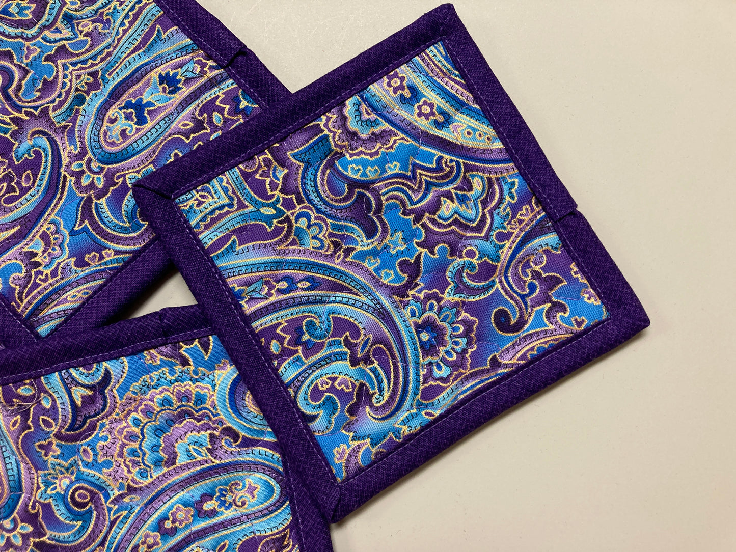 Fabric Coasters for Drinks, Purple Blue Paisley Quilted Hot Cold Coffee Tea, 5x5", Mug Rug Snack Mats Hostess Gift, Colorful Bold Bright