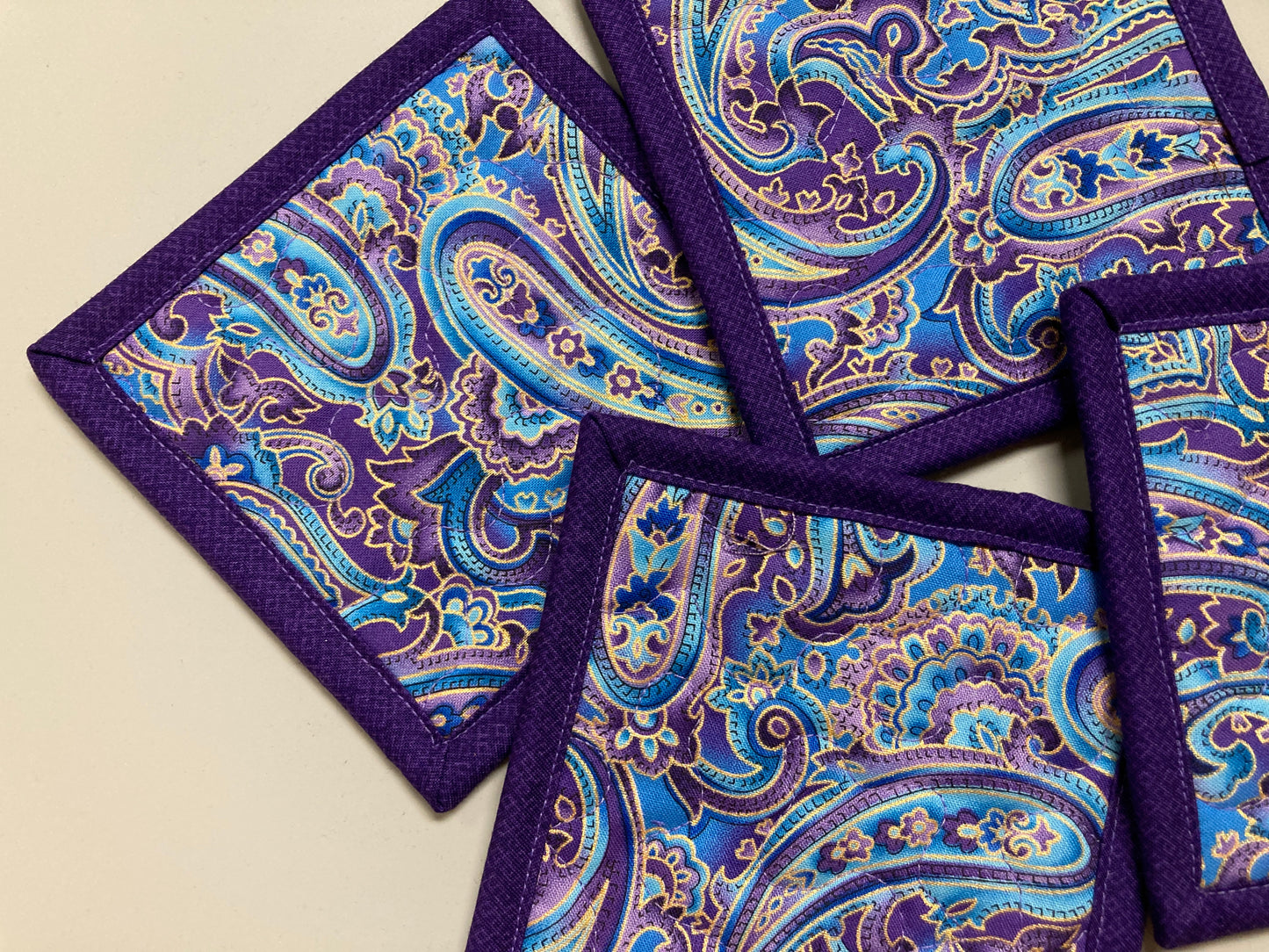Fabric Coasters for Drinks, Purple Blue Paisley Quilted Hot Cold Coffee Tea, 5x5", Mug Rug Snack Mats Hostess Gift, Colorful Bold Bright