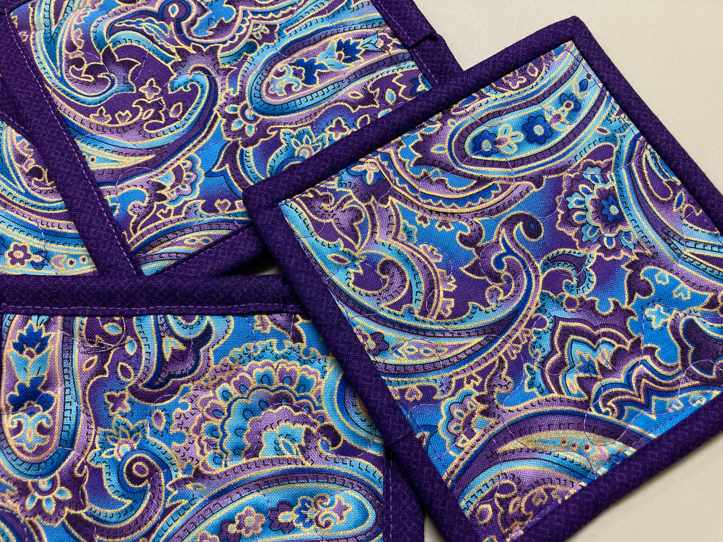Fabric Coasters for Drinks, Purple Blue Paisley Quilted Hot Cold Coffee Tea, 5x5", Mug Rug Snack Mats Hostess Gift, Colorful Bold Bright