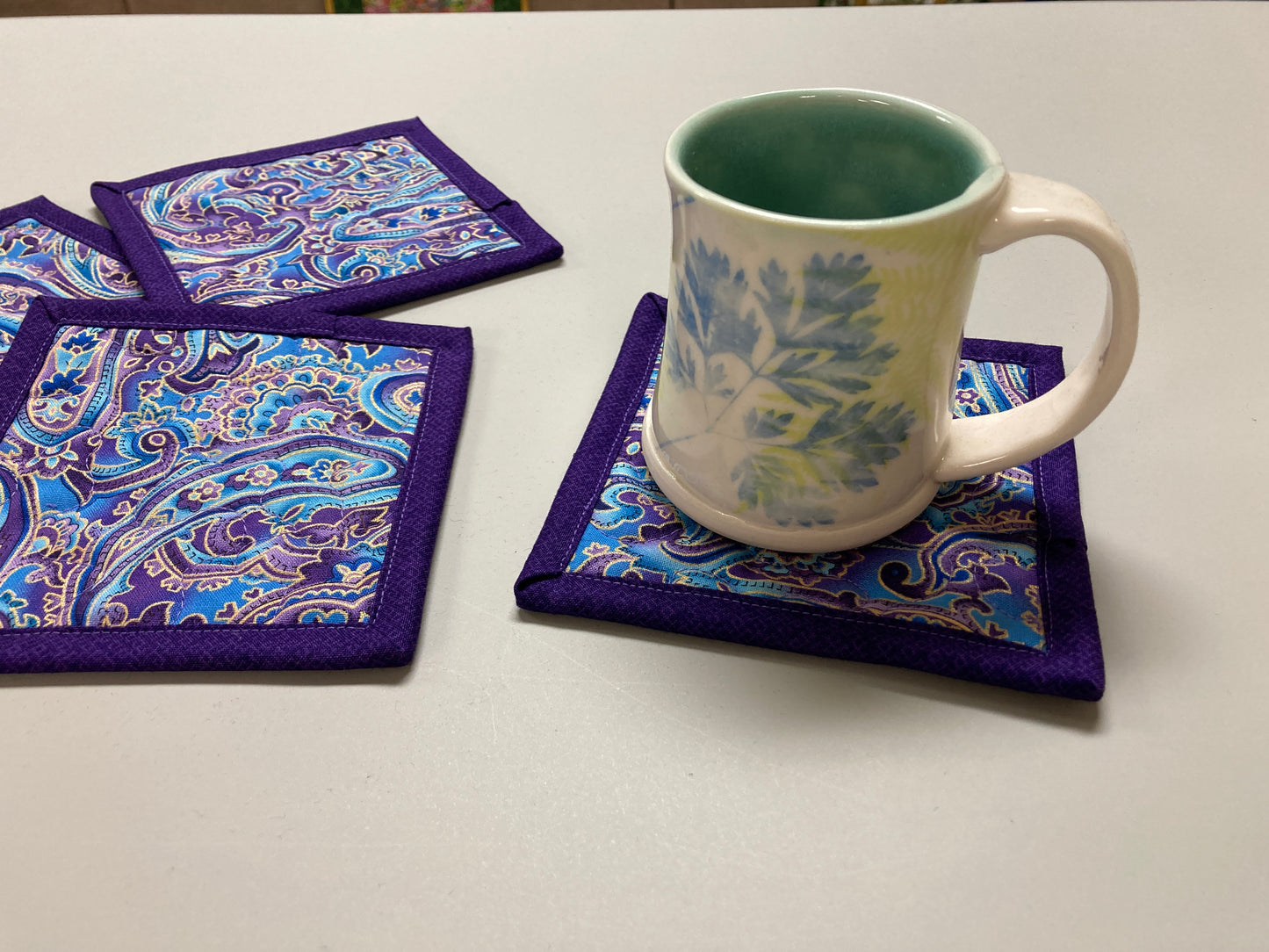 Fabric Coasters for Drinks, Purple Blue Paisley Quilted Hot Cold Coffee Tea, 5x5", Mug Rug Snack Mats Hostess Gift, Colorful Bold Bright