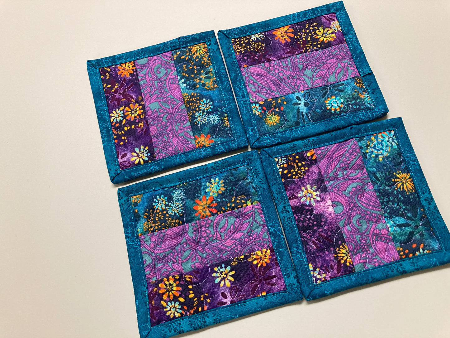 Fabric Coasters, Blue Purple Abstract, Reversible 5x5" Quilted, Hot Cold Coffee Tea Drink Mats, Hostess Book Club Bunco Gift Stocking Stuffer