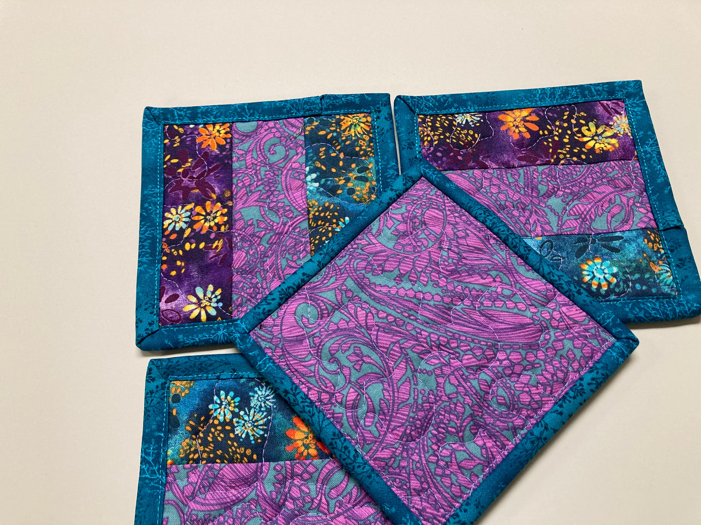 Fabric Coasters, Blue Purple Abstract, Reversible 5x5" Quilted, Hot Cold Coffee Tea Drink Mats, Hostess Book Club Bunco Gift Stocking Stuffer