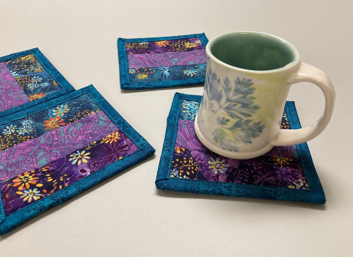 Fabric Coasters, Blue Purple Abstract, Reversible 5x5" Quilted, Hot Cold Coffee Tea Drink Mats, Hostess Book Club Bunco Gift Stocking Stuffer