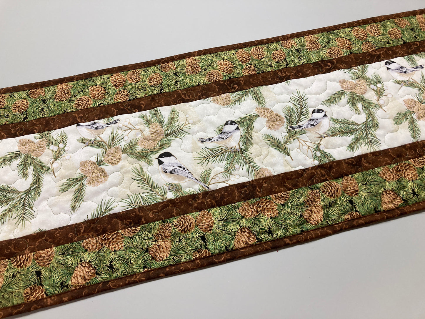 Pine Cone Mountain Chickadees Quilted Table Runner, 13x48", Reversible Fall Birds Buffet Coffee Dining Table Decor Winter Christmas Everyday