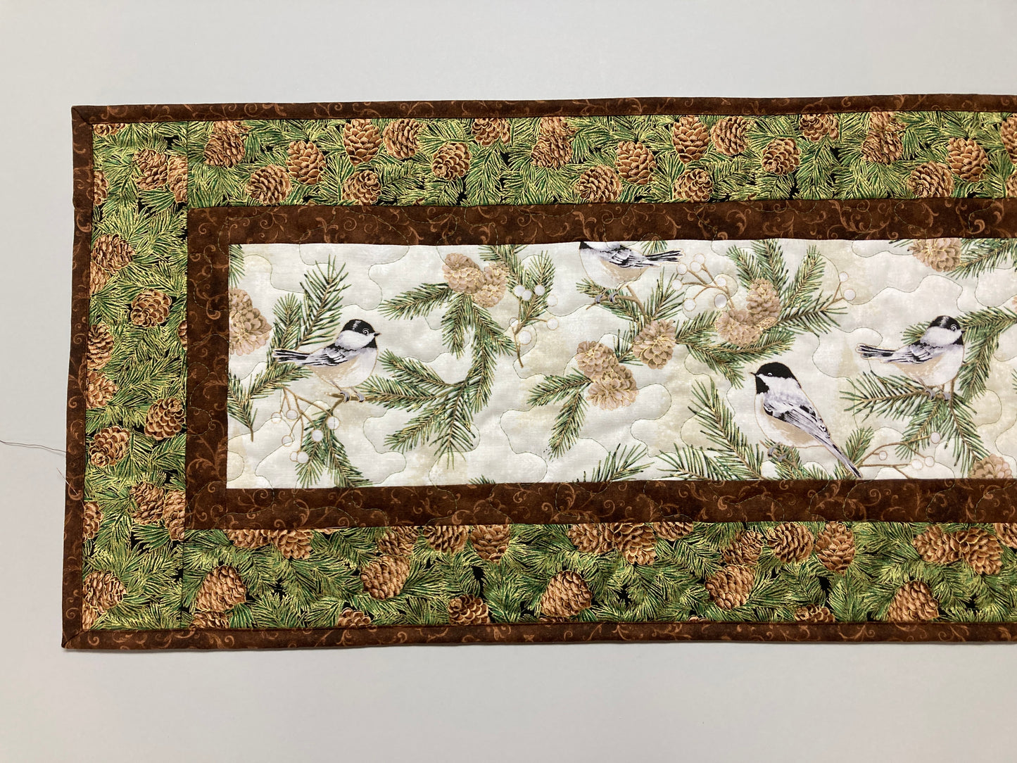 Pine Cone Mountain Chickadees Quilted Table Runner, 13x48", Reversible Fall Birds Buffet Coffee Dining Table Decor Winter Christmas Everyday
