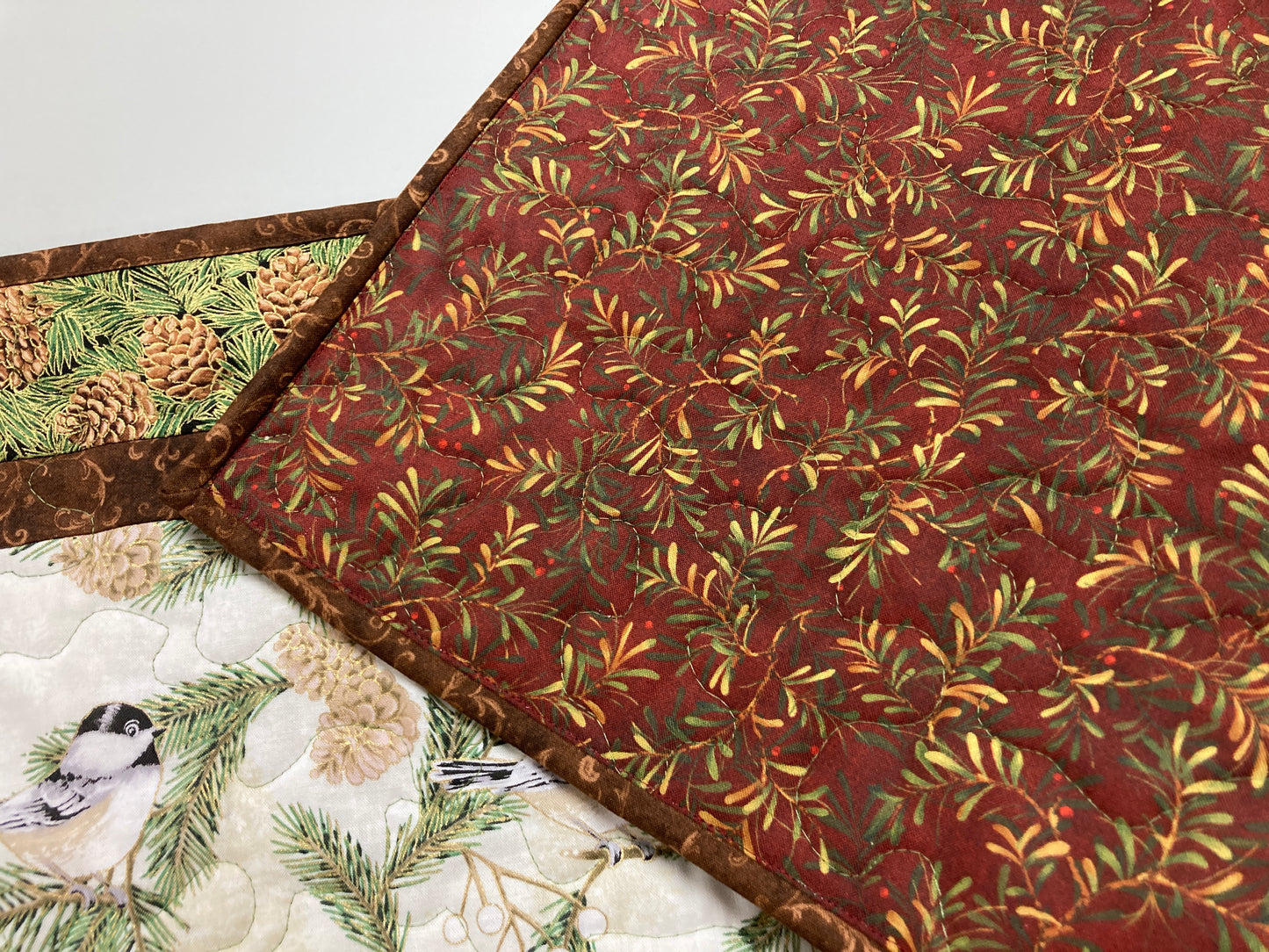Pine Cone Mountain Chickadees Quilted Table Runner, 13x48", Reversible Fall Birds Buffet Coffee Dining Table Decor Winter Christmas Everyday