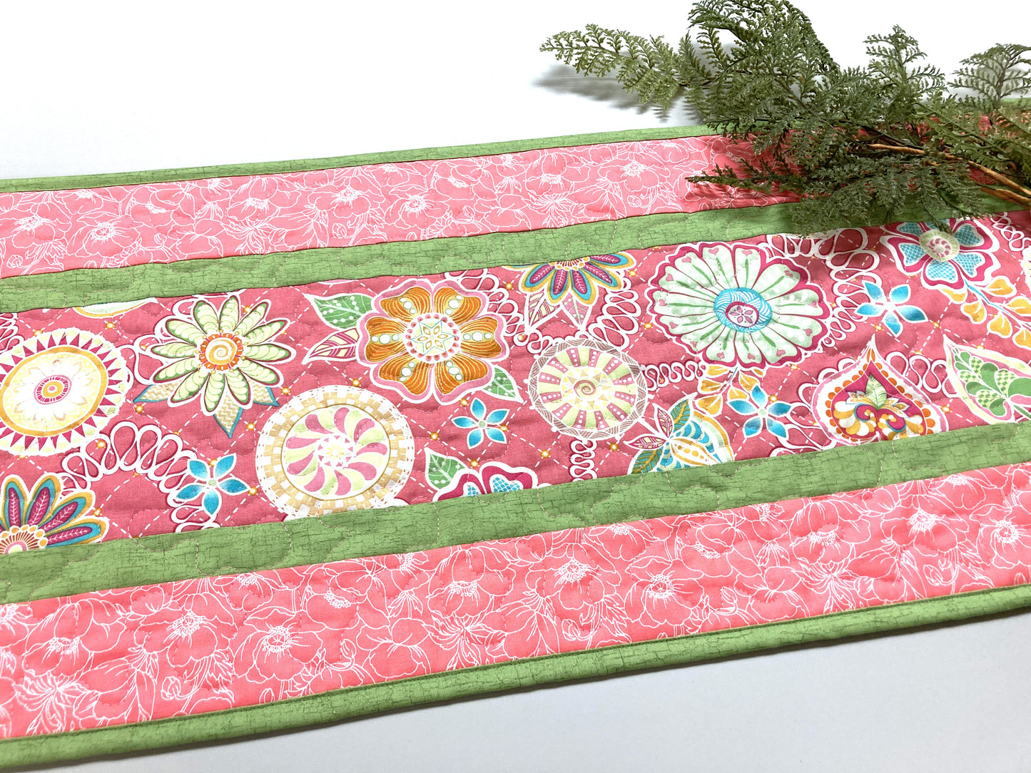 Spring Pink Flowers Strawberries Quilted Table Runner, Dining Coffee Table, Reversible 13x48" Easter Garden Floral Nature Bright Summer