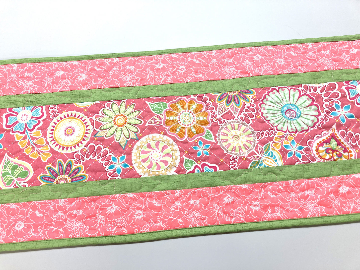 Spring Pink Flowers Strawberries Quilted Table Runner, Dining Coffee Table, Reversible 13x48" Easter Garden Floral Nature Bright Summer