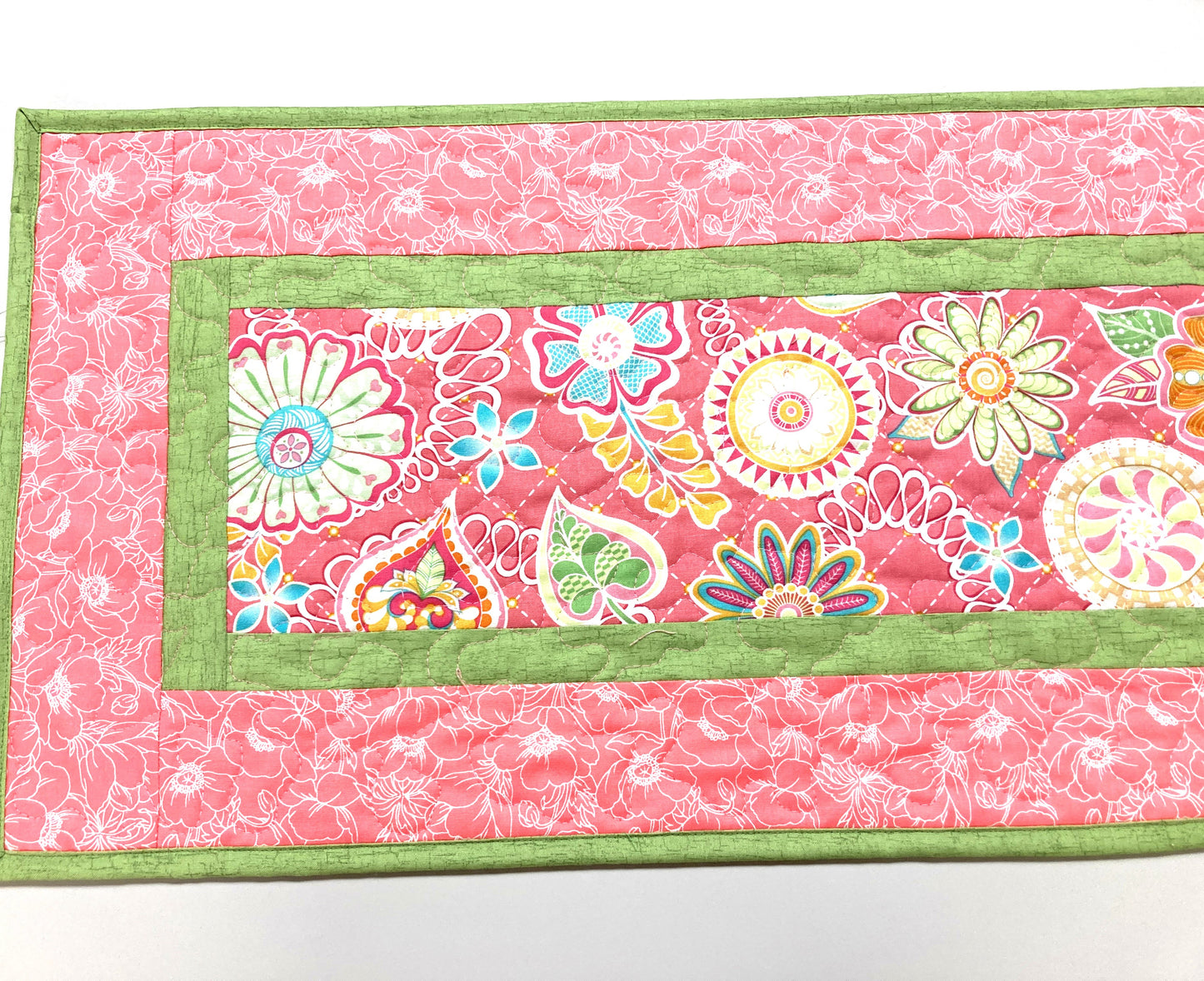 Spring Pink Flowers Strawberries Quilted Table Runner, Dining Coffee Table, Reversible 13x48" Easter Garden Floral Nature Bright Summer
