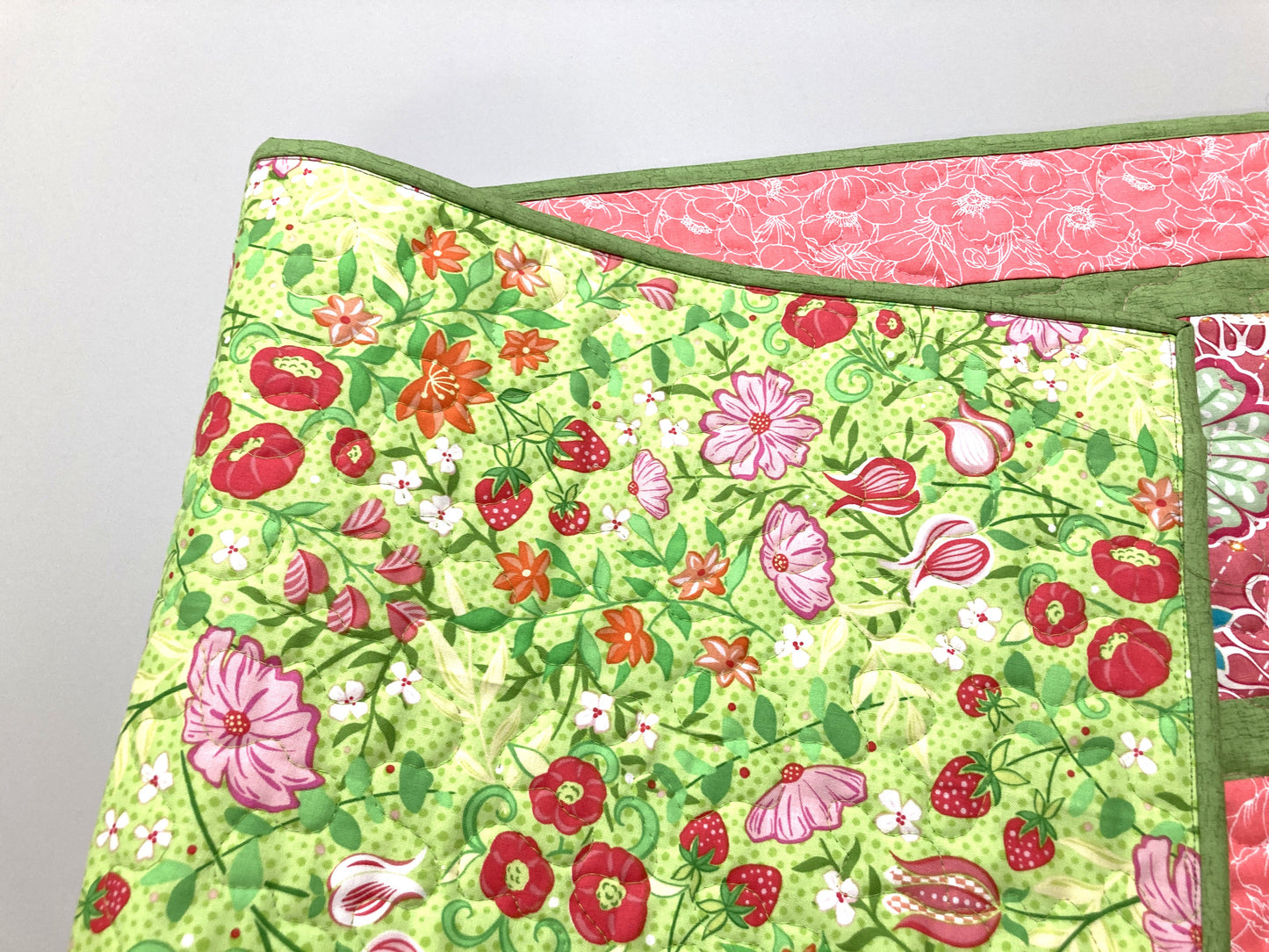 Spring Pink Flowers Strawberries Quilted Table Runner, Dining Coffee Table, Reversible 13x48" Easter Garden Floral Nature Bright Summer