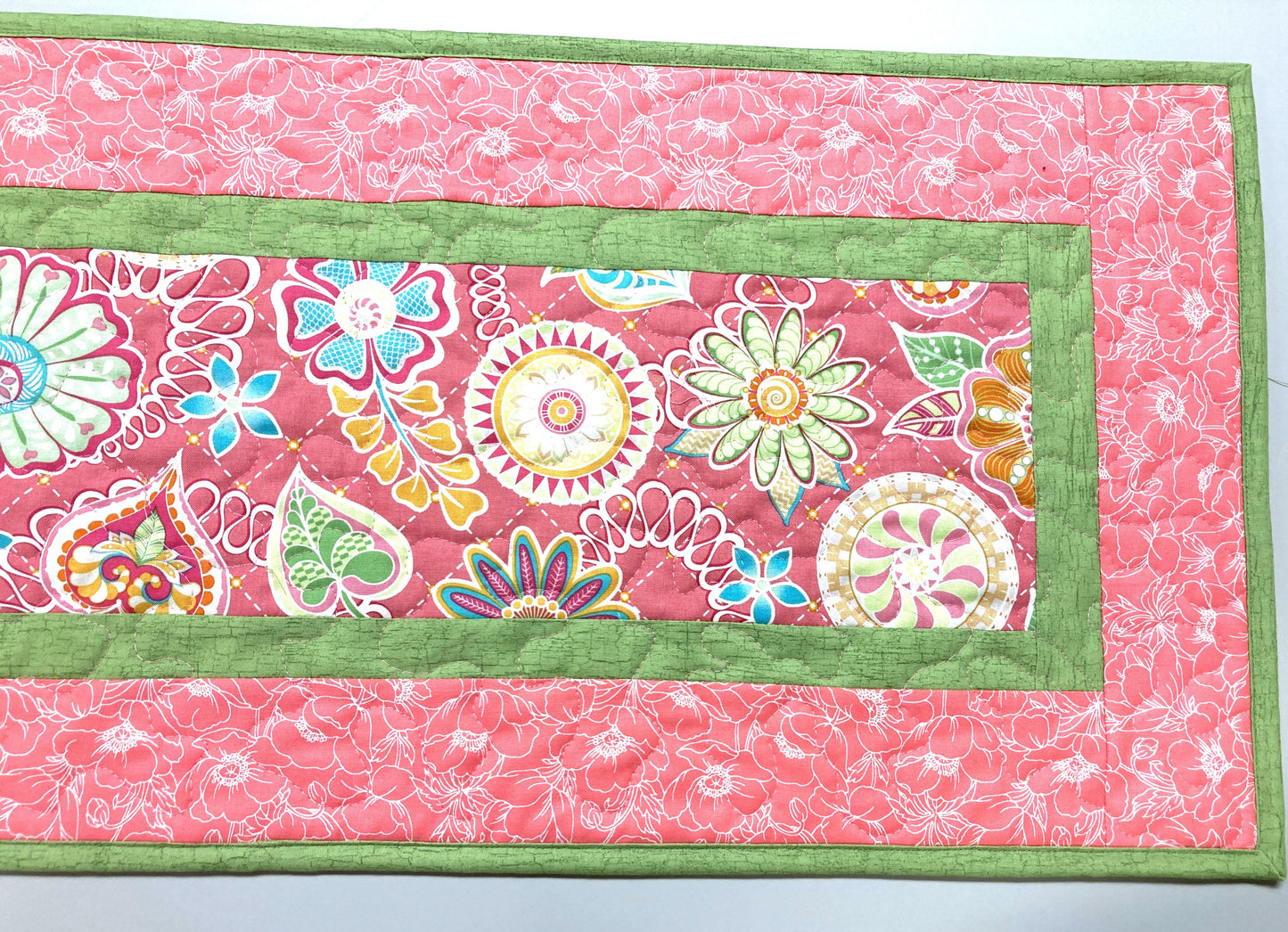 Spring Pink Flowers Strawberries Quilted Table Runner, Dining Coffee Table, Reversible 13x48" Easter Garden Floral Nature Bright Summer