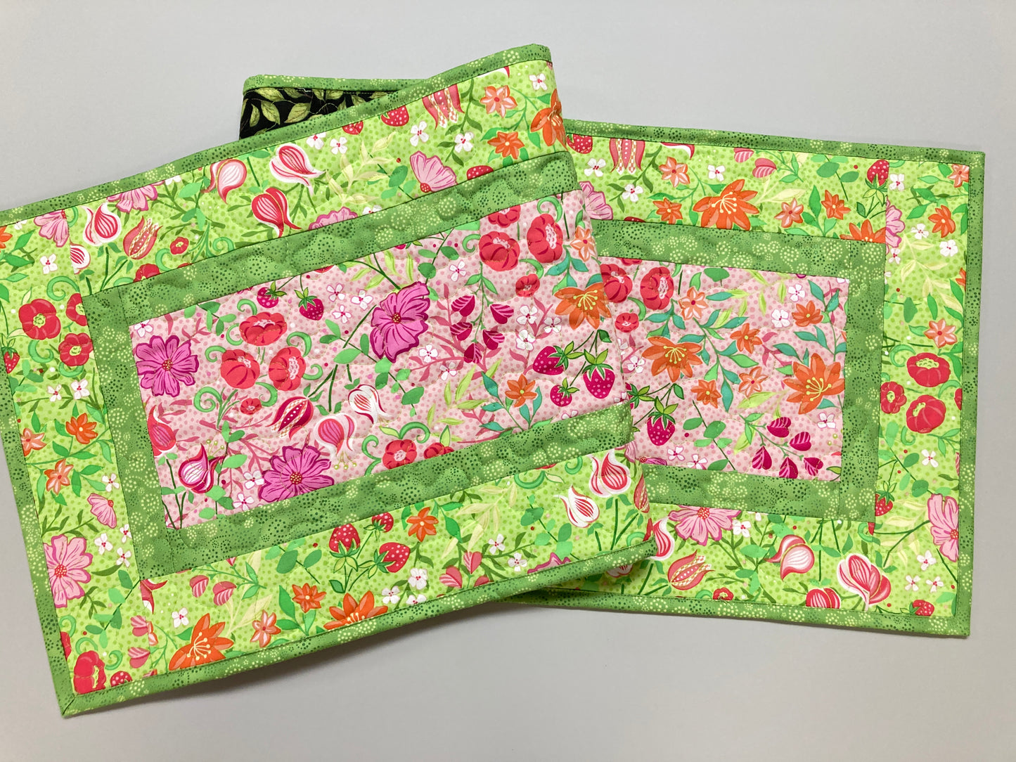 Spring Pink Flowers Strawberries Quilted Table Runner, Dining Coffee Table, Reversible 13x48" Easter Garden Floral Nature Bright Summer