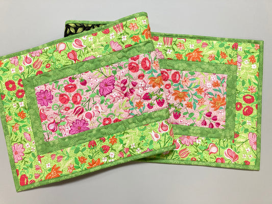 Spring Pink Flowers Strawberries Quilted Table Runner, Dining Coffee Table, Reversible 13x48" Easter Garden Floral Nature Bright Summer