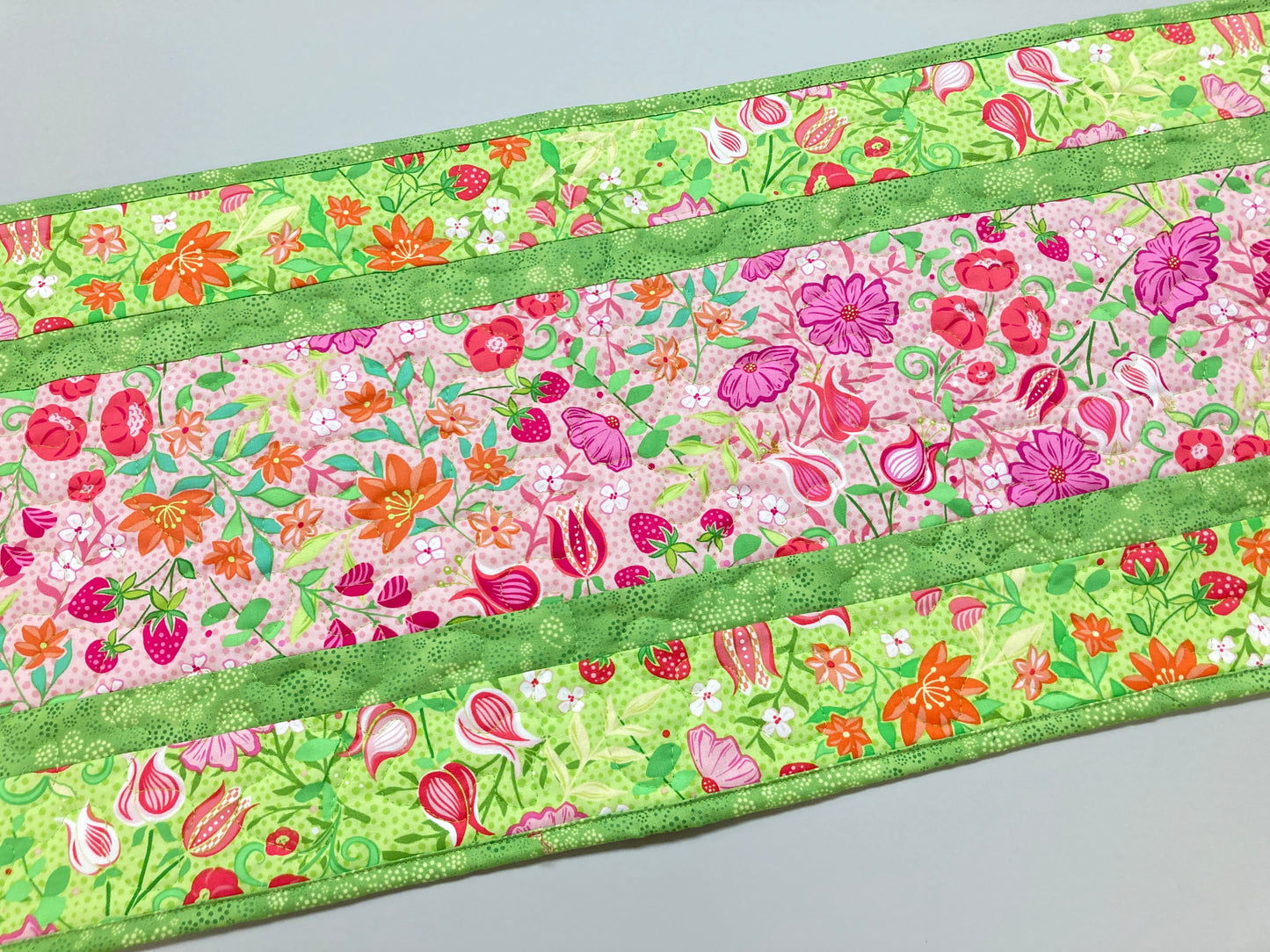 Spring Pink Flowers Strawberries Quilted Table Runner, Dining Coffee Table, Reversible 13x48" Easter Garden Floral Nature Bright Summer
