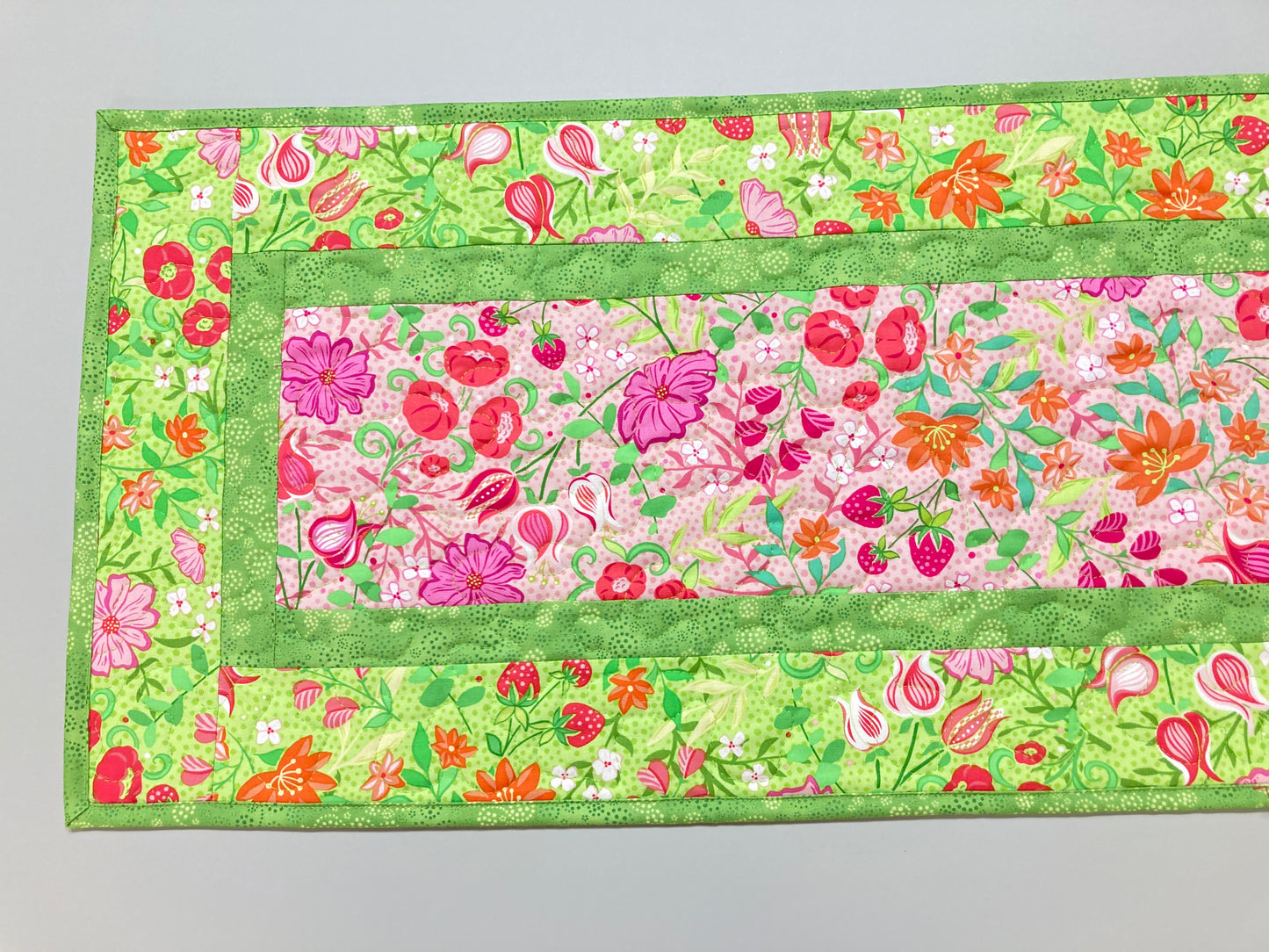 Spring Pink Flowers Strawberries Quilted Table Runner, Dining Coffee Table, Reversible 13x48" Easter Garden Floral Nature Bright Summer