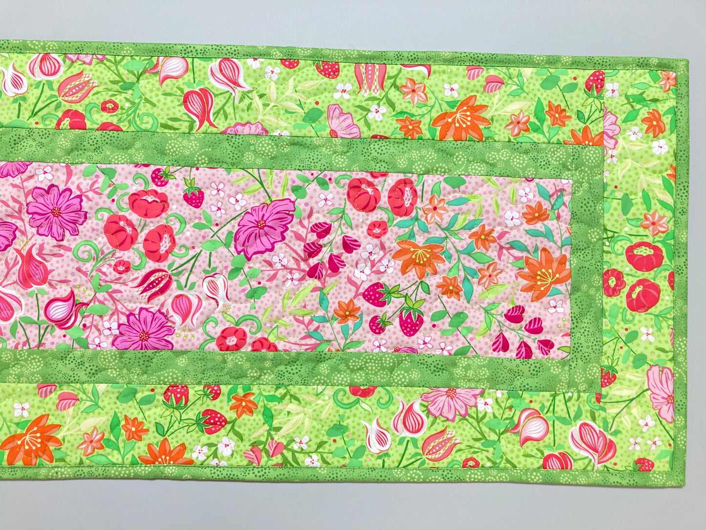Spring Pink Flowers Strawberries Quilted Table Runner, Dining Coffee Table, Reversible 13x48" Easter Garden Floral Nature Bright Summer