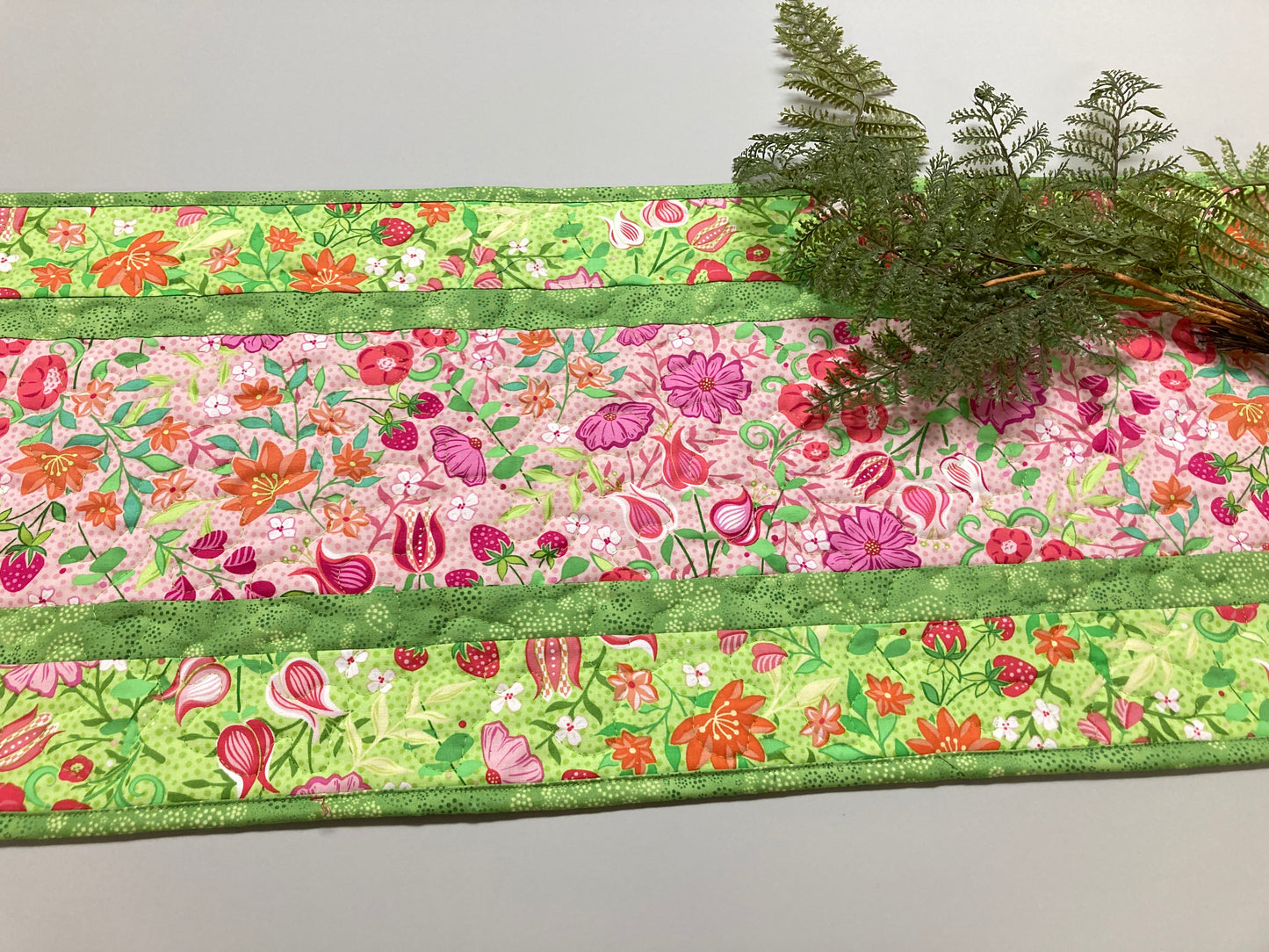 Spring Pink Flowers Strawberries Quilted Table Runner, Dining Coffee Table, Reversible 13x48" Easter Garden Floral Nature Bright Summer