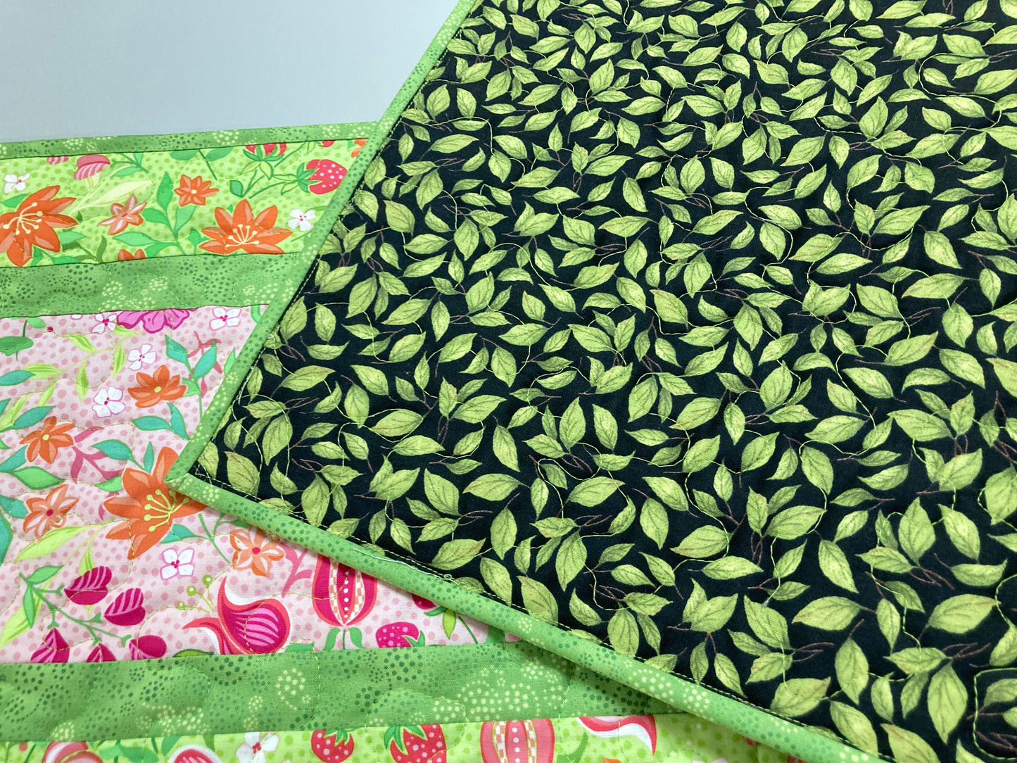 Spring Pink Flowers Strawberries Quilted Table Runner, Dining Coffee Table, Reversible 13x48" Easter Garden Floral Nature Bright Summer