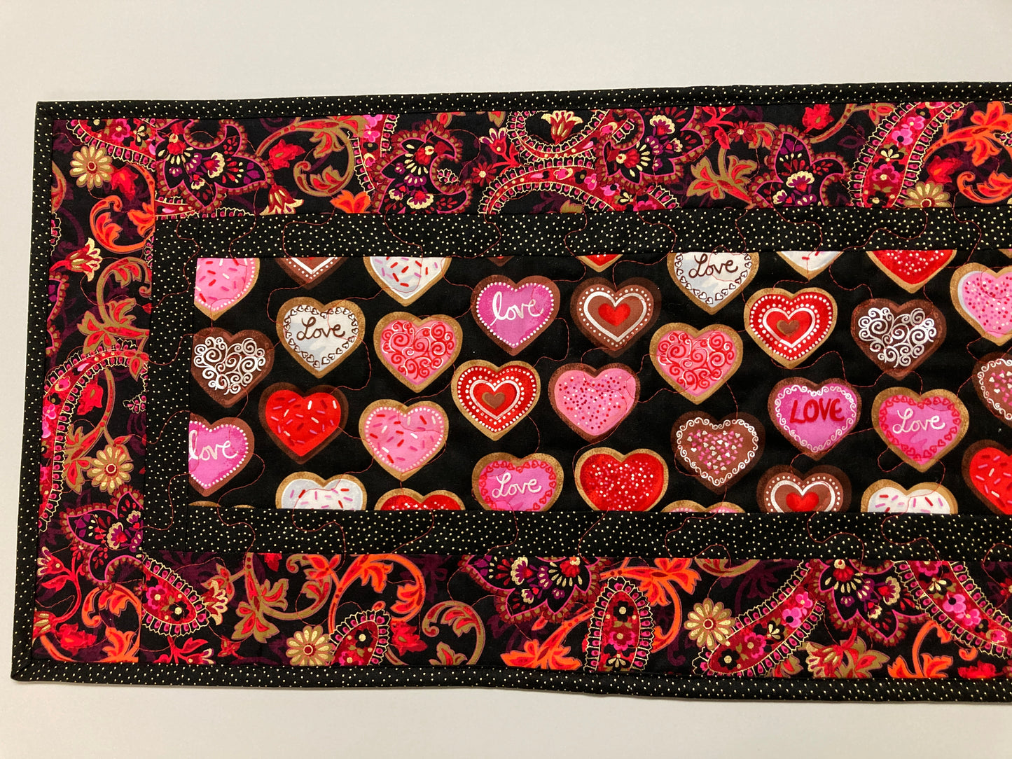 Pink Red Valentine's Day Candy Paisley Dining Table Runner, Heart Quilted, Reversible St Patrick's Spring Coffee Table Decor 13x48" Handmade