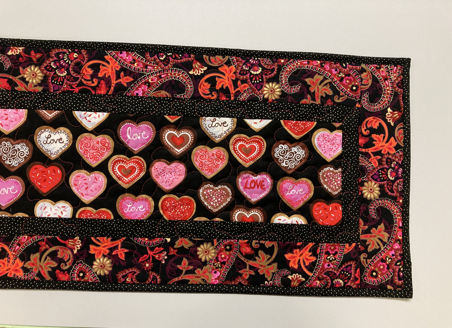 Pink Red Valentine's Day Candy Paisley Dining Table Runner, Heart Quilted, Reversible St Patrick's Spring Coffee Table Decor 13x48" Handmade