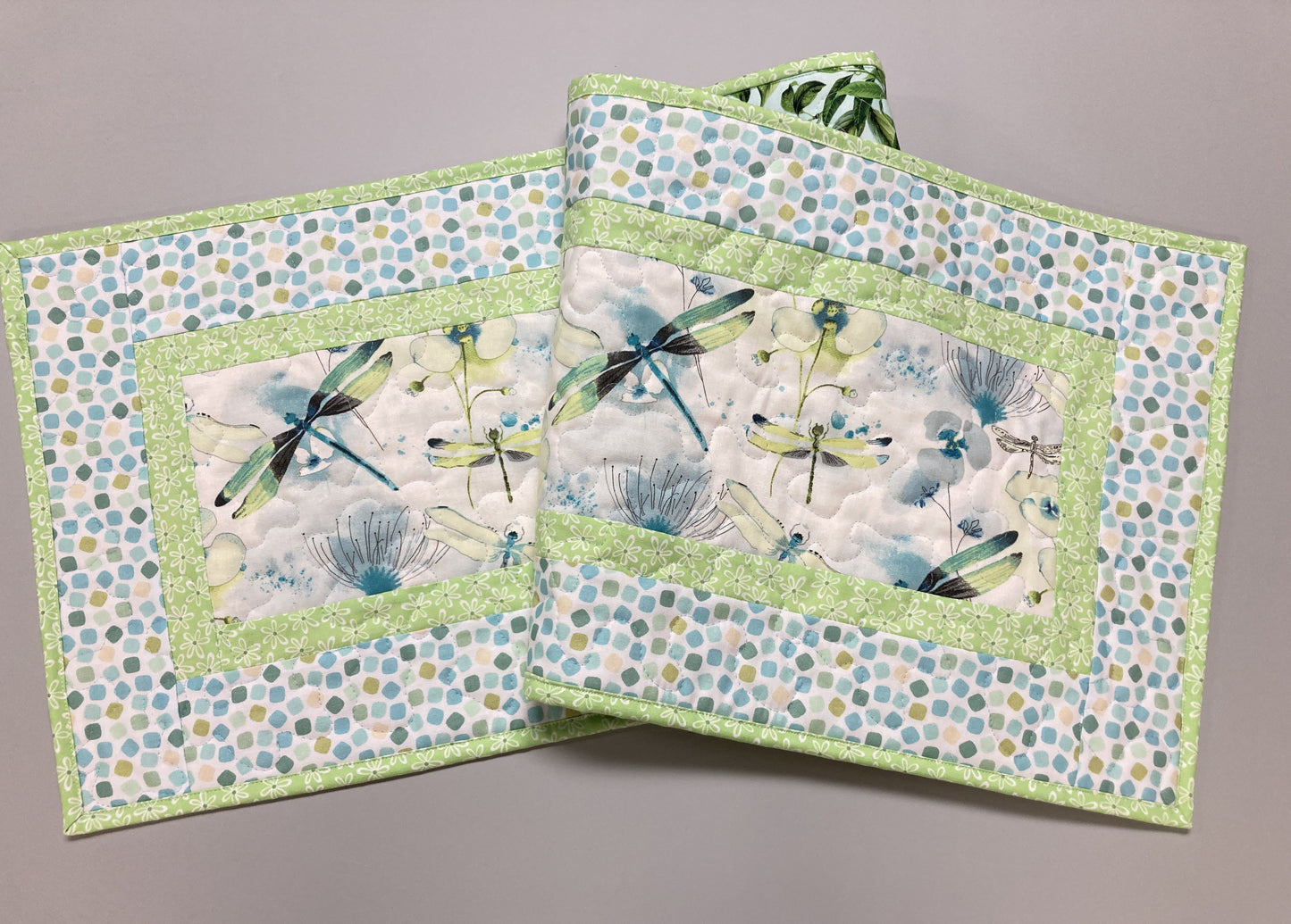 Pastel Blue Green Dragonflies Quilted Dining Table Runner, 13x48" Reversible, Coffee End Table, Easter Spring Summer Garden Handmade Decor
